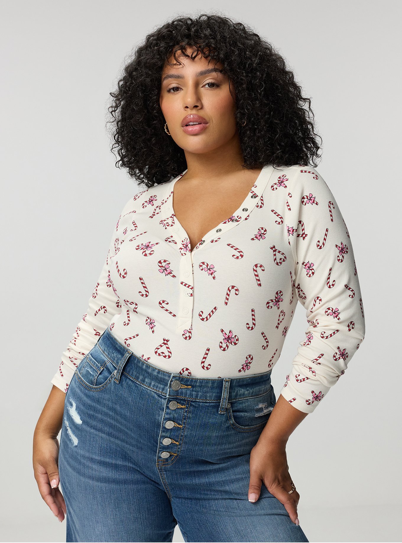Cotton Modal Rib Curved Henley LS Top, CANDY CANE LANE IVORY, alternate
