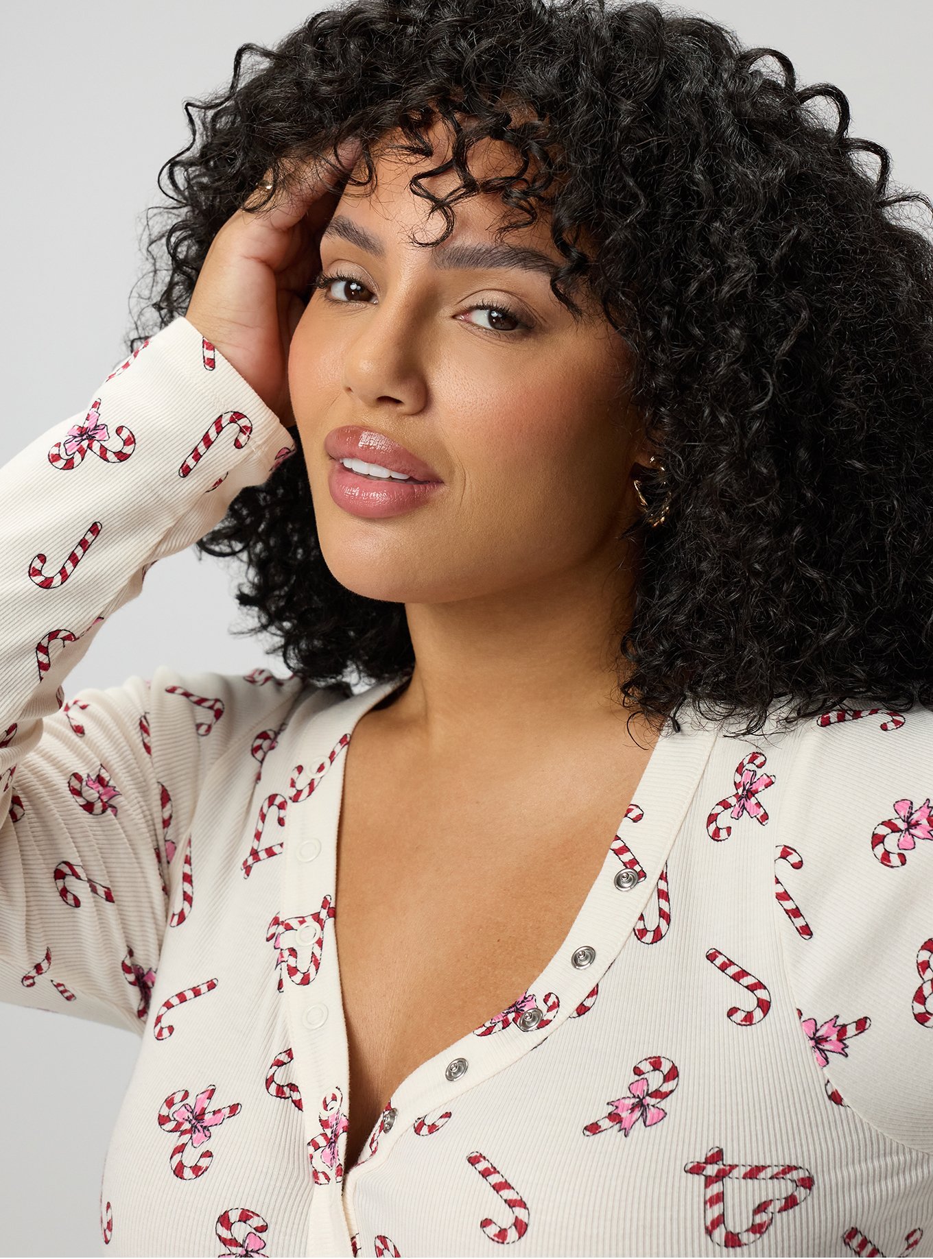 Cotton Modal Rib Curved Henley LS Top, CANDY CANE LANE IVORY, alternate