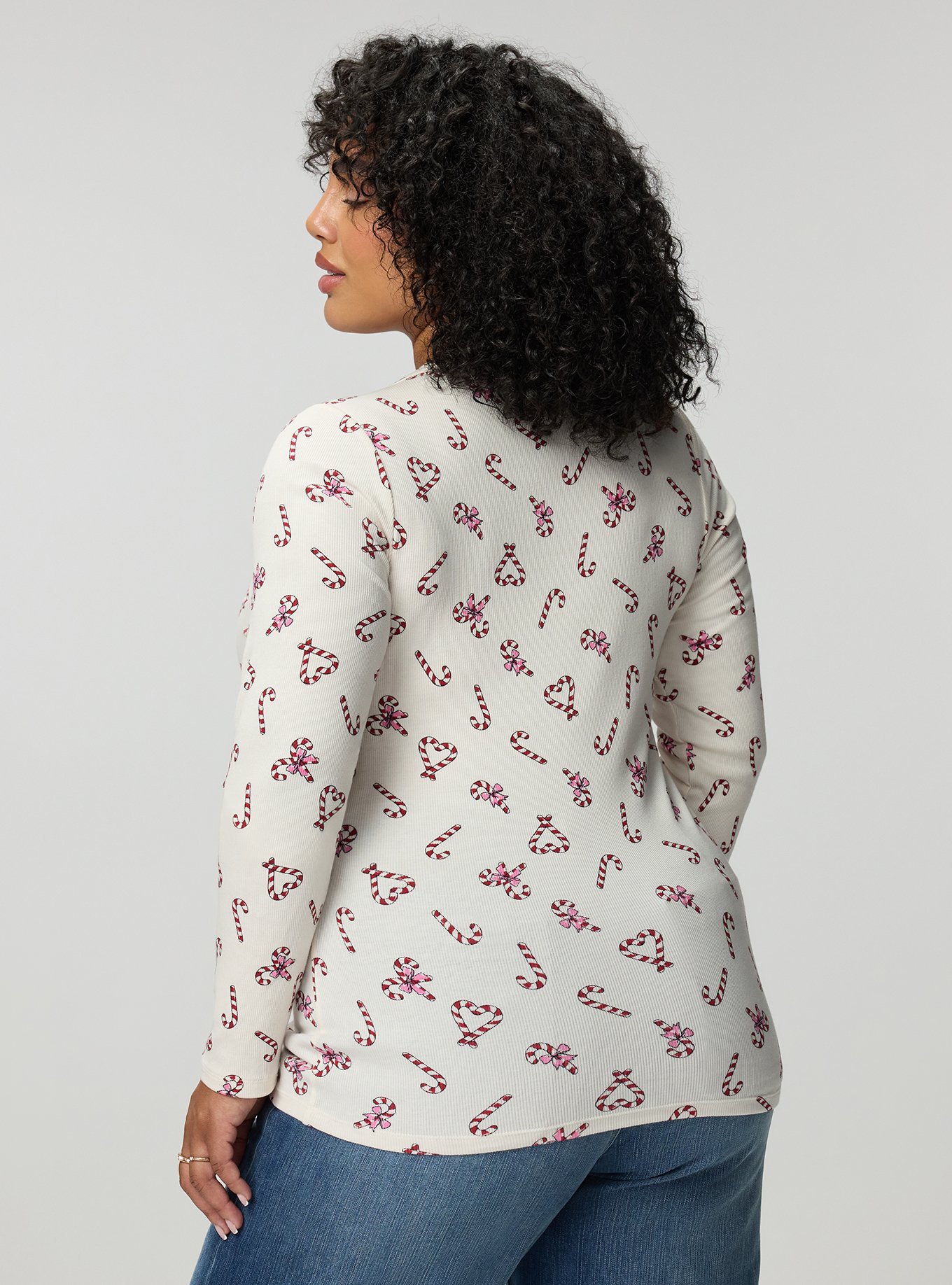 Cotton Modal Rib Curved Henley LS Top, CANDY CANE LANE IVORY, alternate
