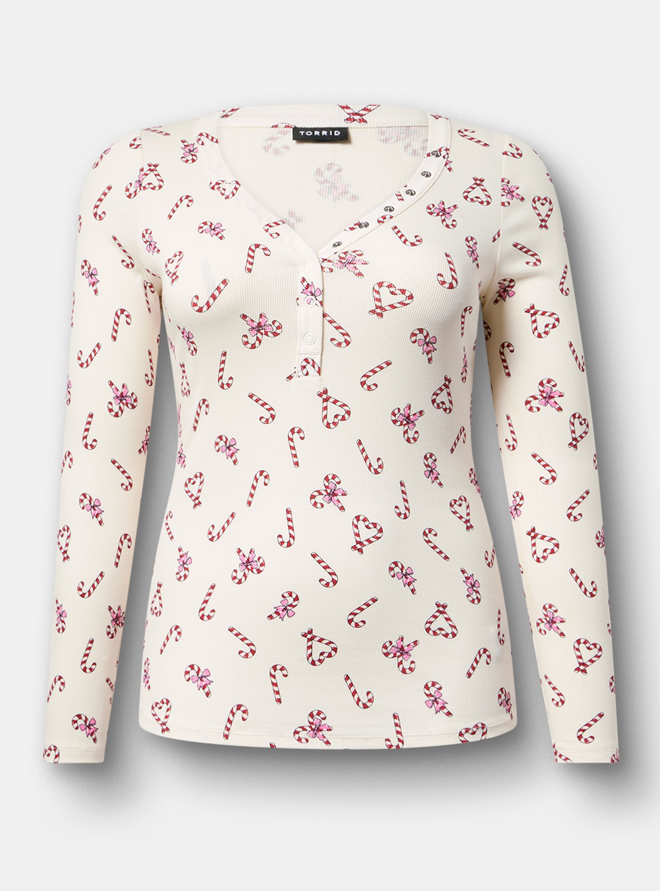 Cotton Modal Rib Curved Henley LS Top, CANDY CANE LANE IVORY, flat