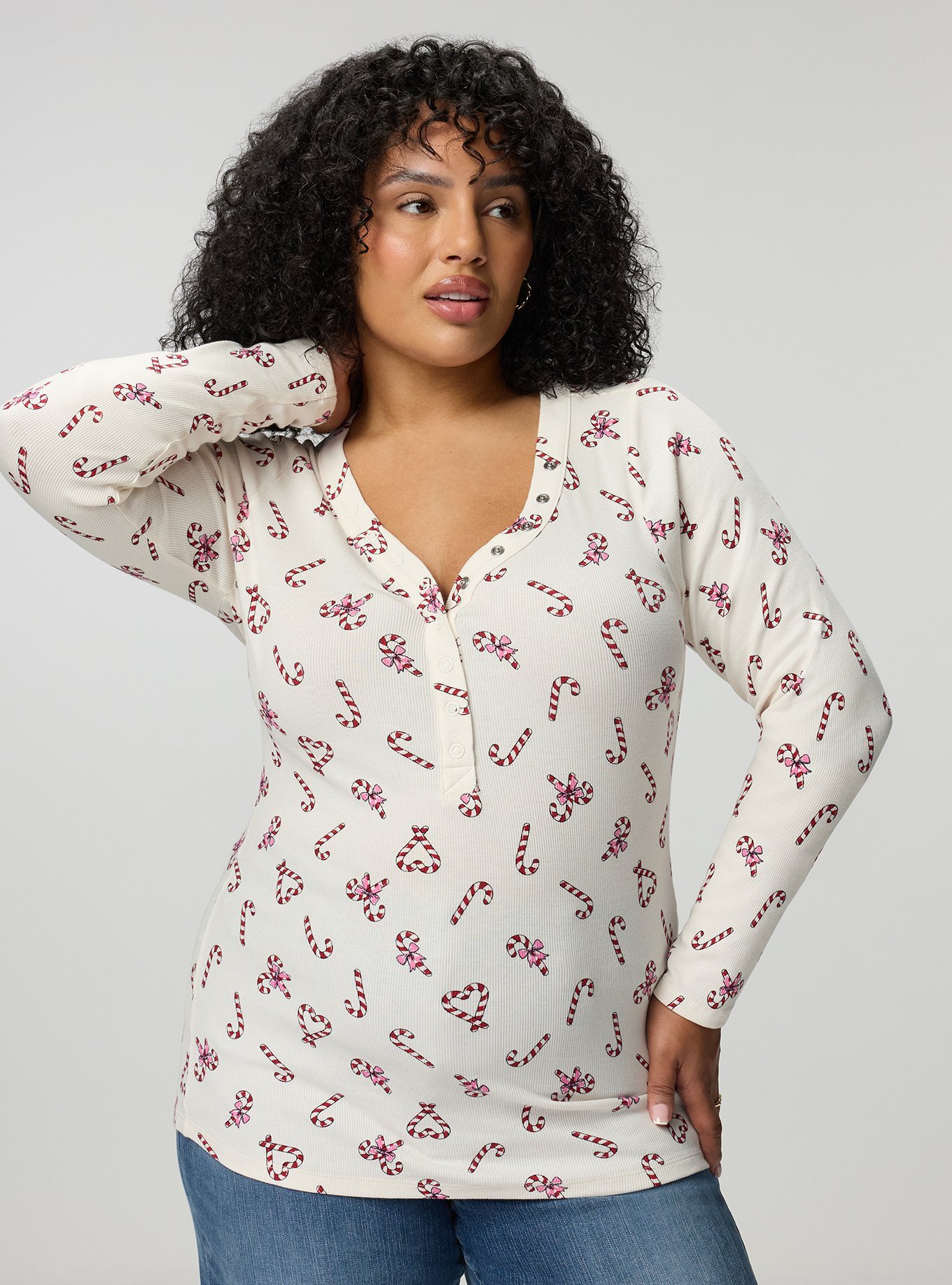 Cotton Modal Rib Curved Henley LS Top, CANDY CANE LANE IVORY, hi-res
