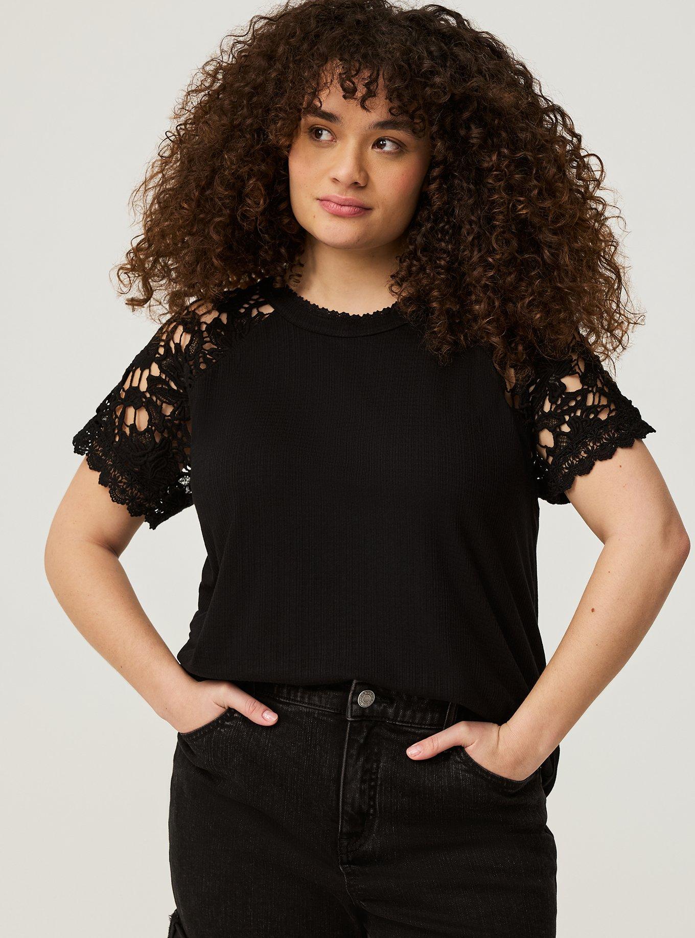 Plus Size - Textured Jersey Crew Neck Crochet Raglan Top - Torrid