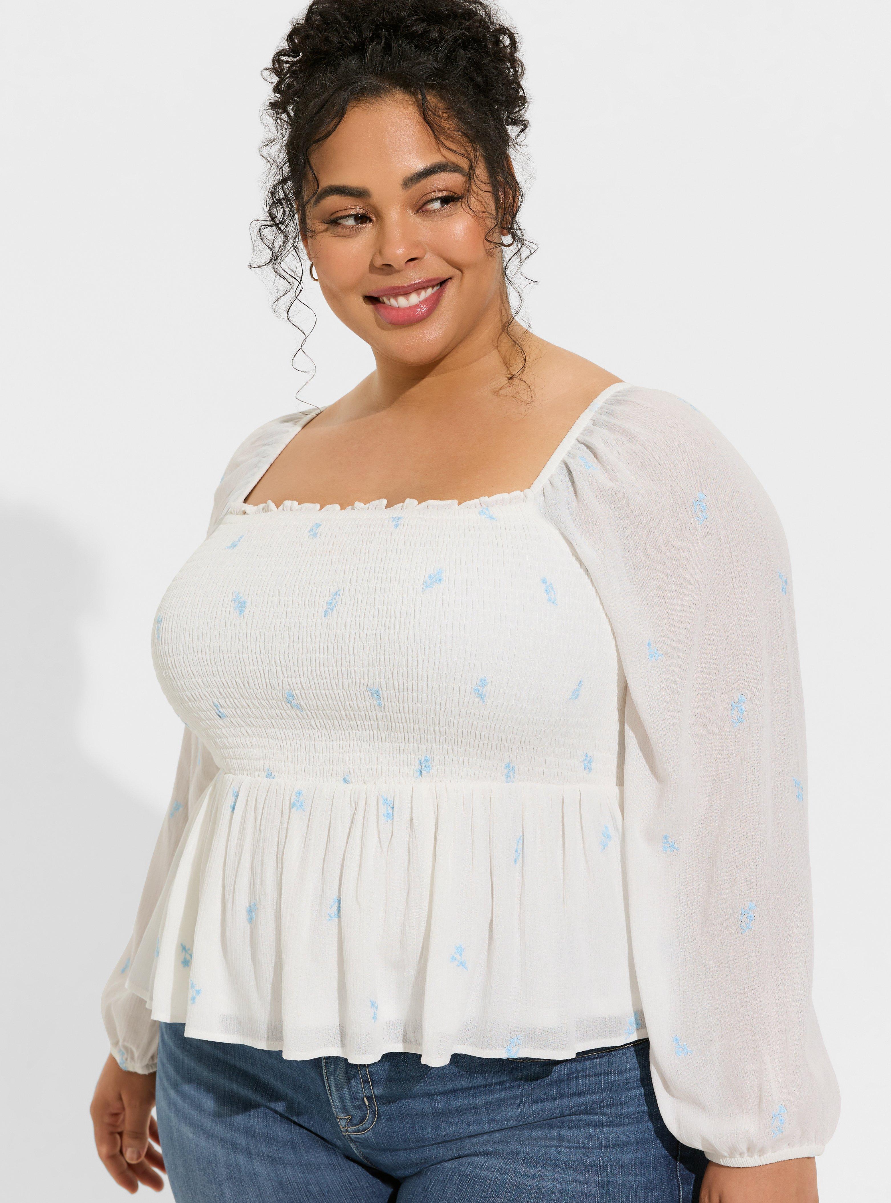 Washable Gauze Embroidered Smocked Bodice Crop Blouse