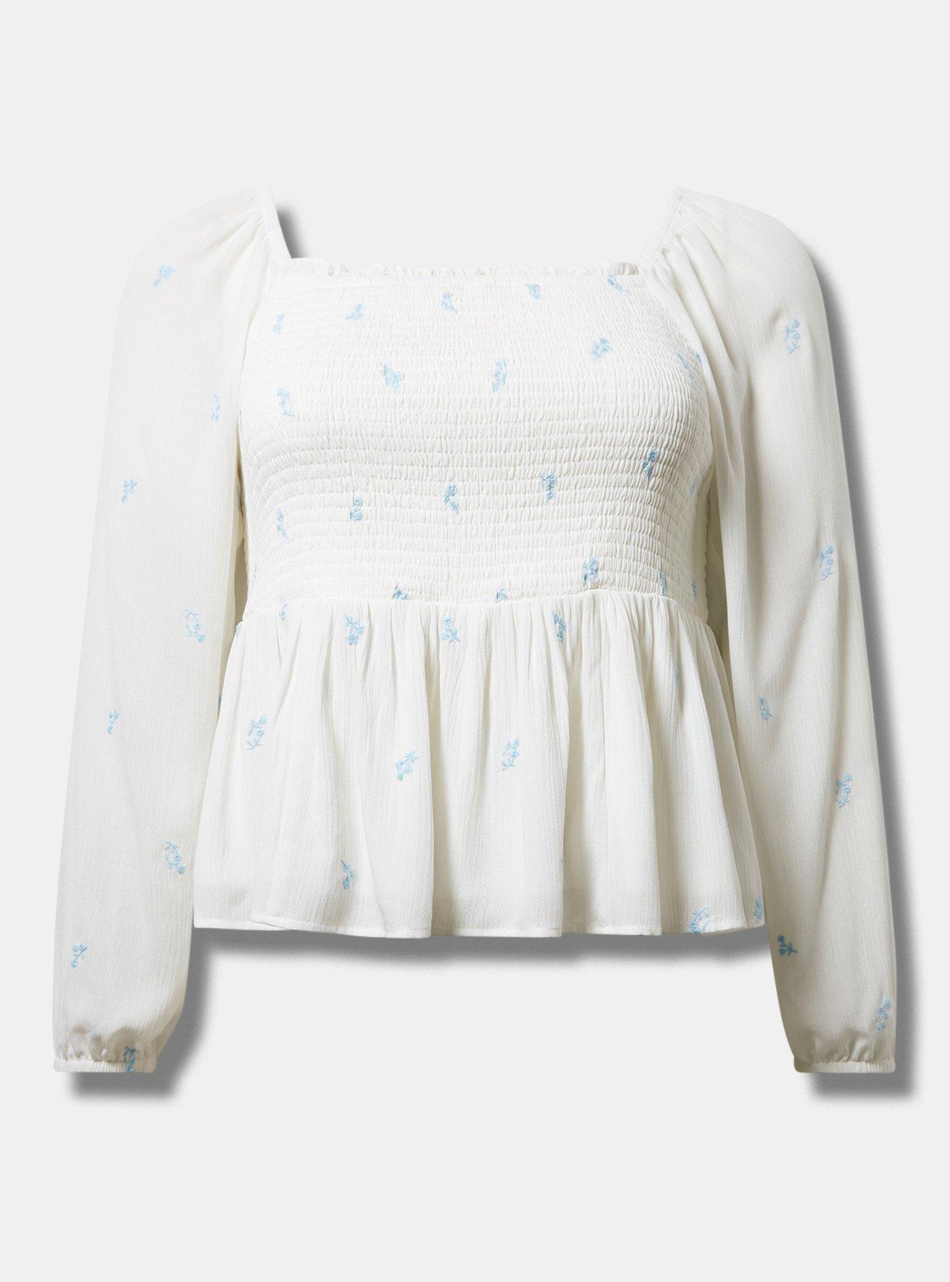 Washable Gauze Embroidered Smocked Bodice Crop Blouse