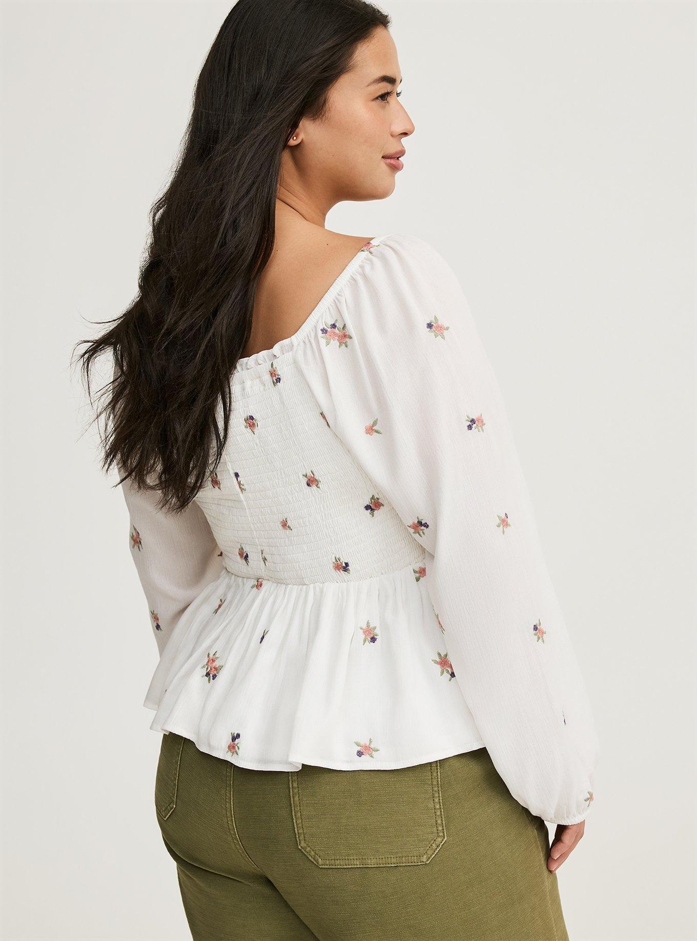 Embroidered Smocked Crop Blouse