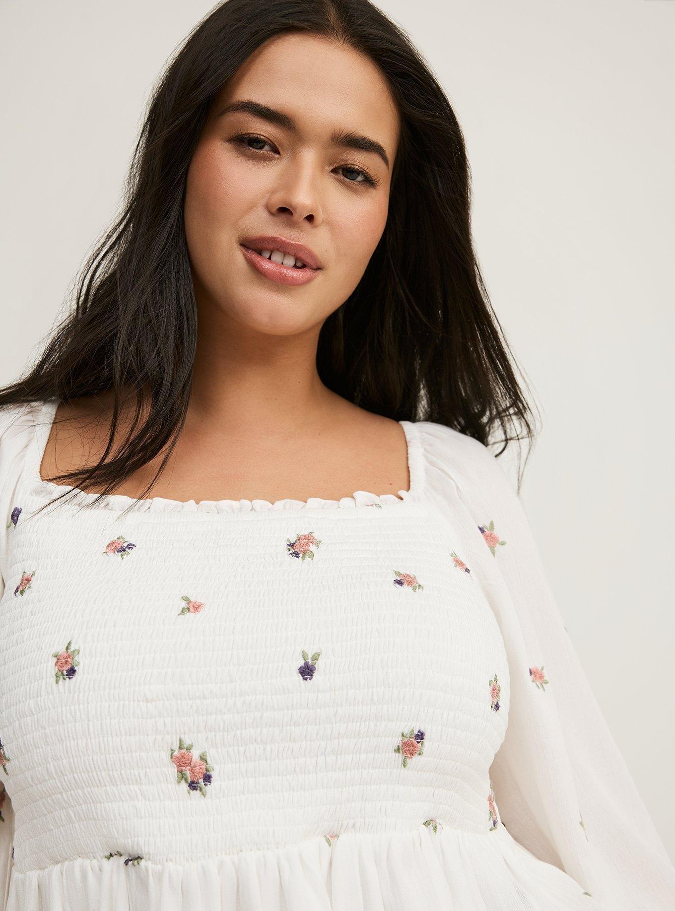 Embroidered Smocked Crop Blouse