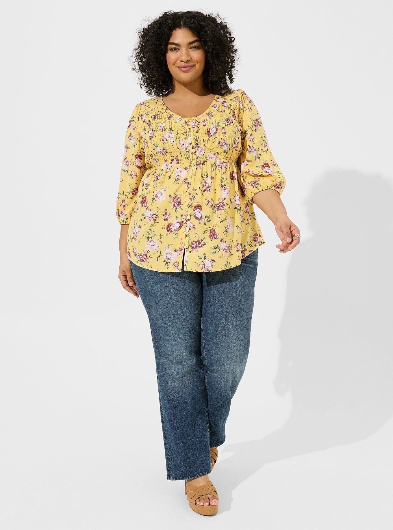 Plus Size - Challis Smocked 3/4 Sleeve Top - Torrid