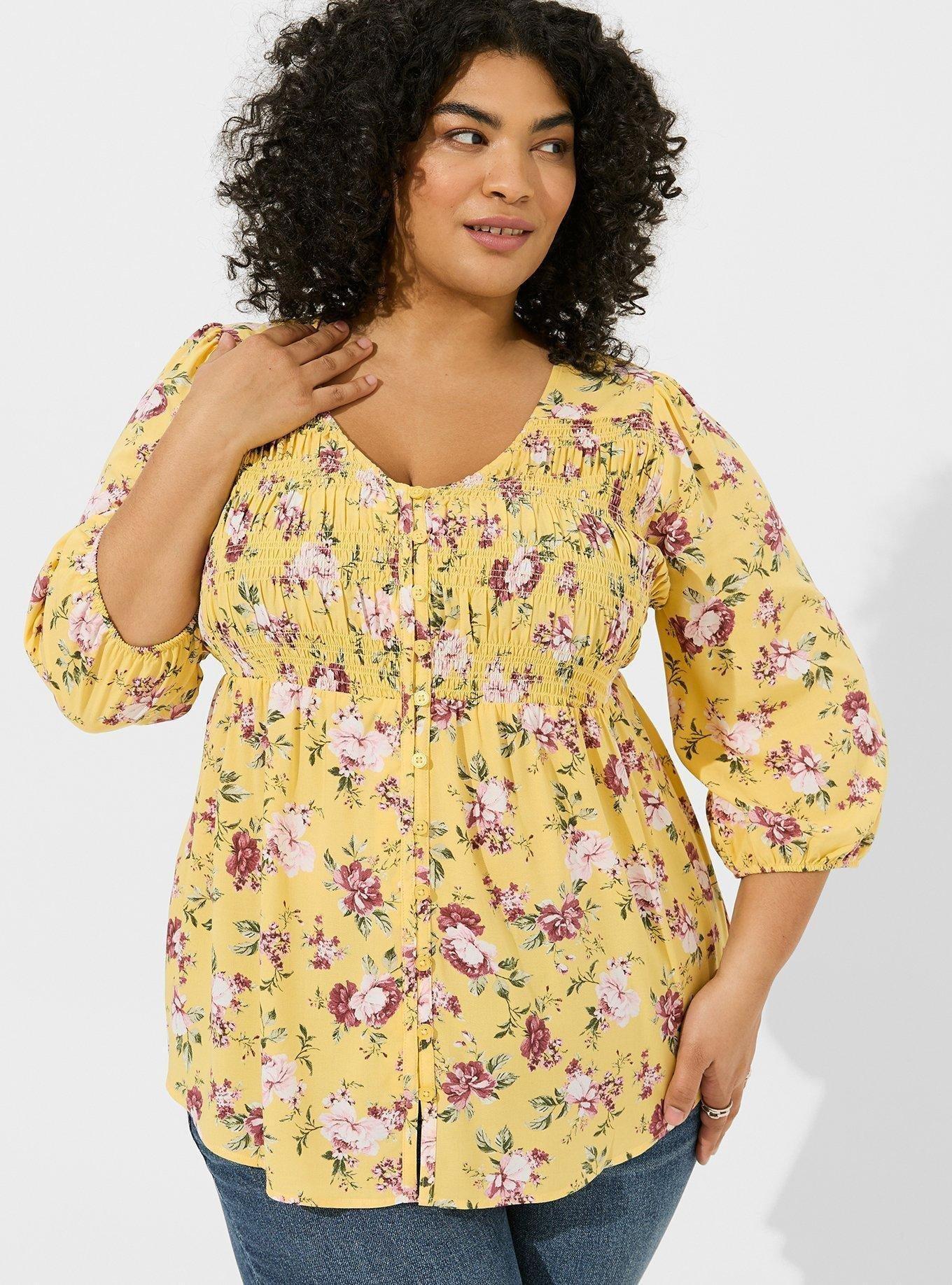 Plus Size - Challis Smocked 3/4 Sleeve Top - Torrid