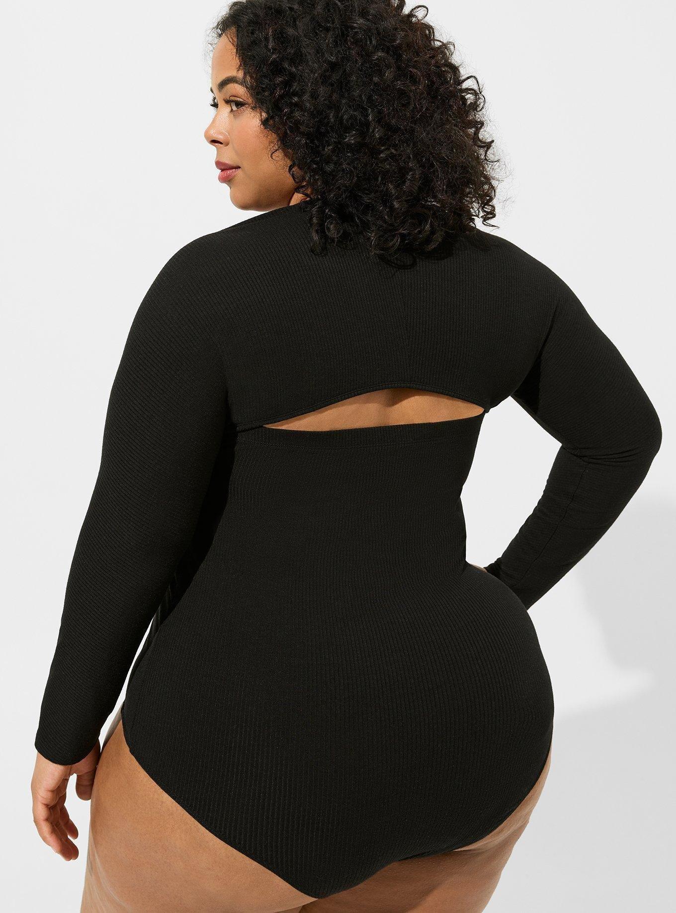 Plus Black Ribbed Plunge Short Sleeve Bodysuit