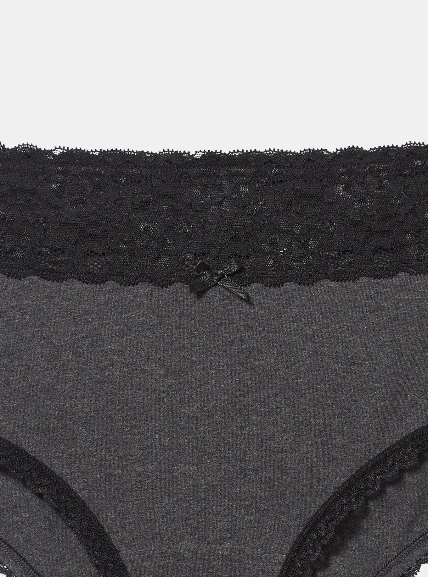 Plus Size Cotton Mid Rise Cheeky Lace Trim Panty, CHARCOAL HEATHER, alternate