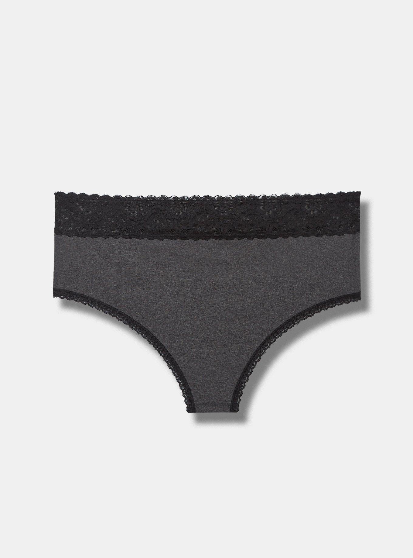 Plus Size Cotton Mid Rise Cheeky Lace Trim Panty, CHARCOAL HEATHER, alternate