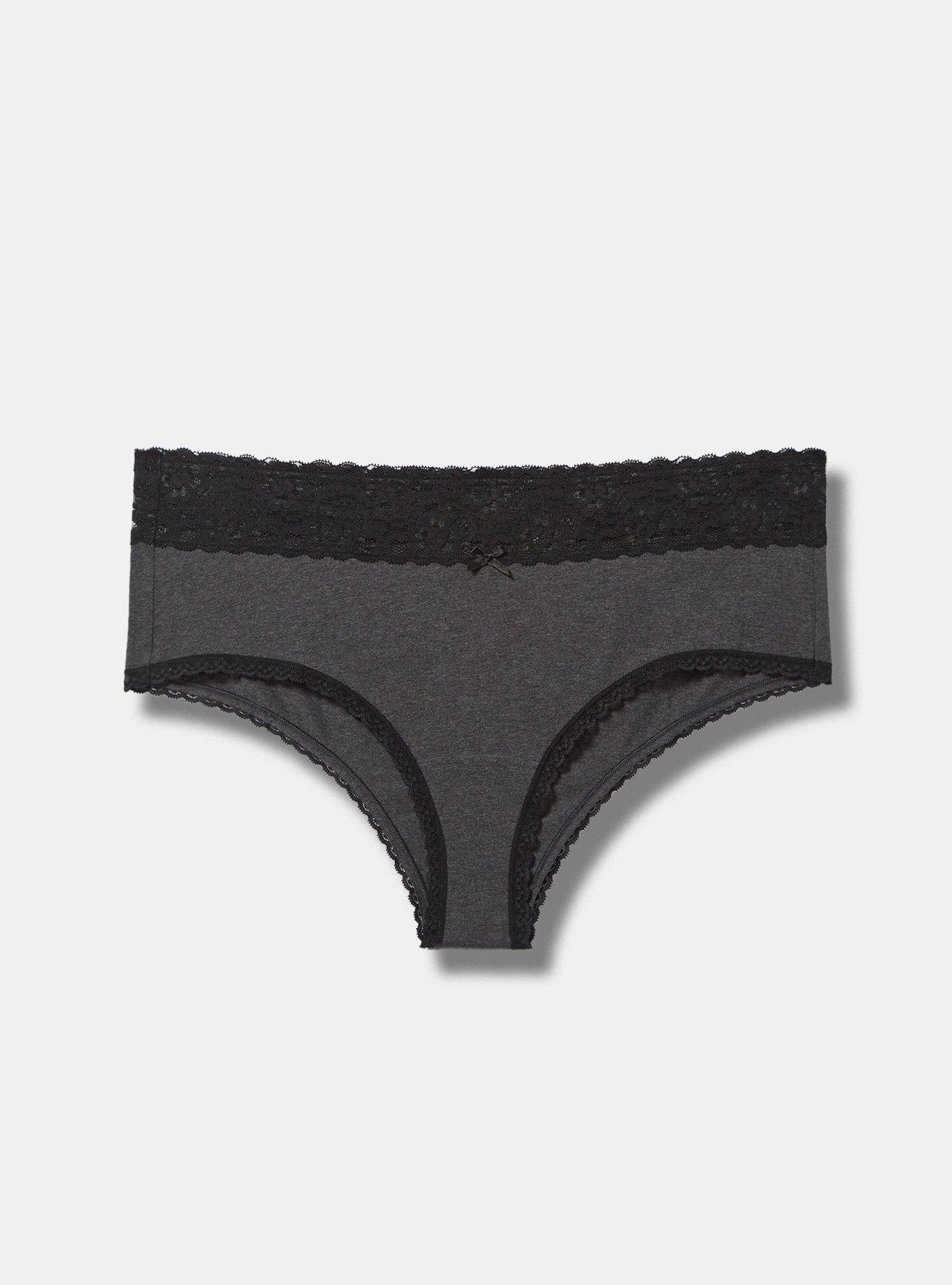 Plus Size Cotton Mid Rise Cheeky Lace Trim Panty, CHARCOAL HEATHER, hi-res