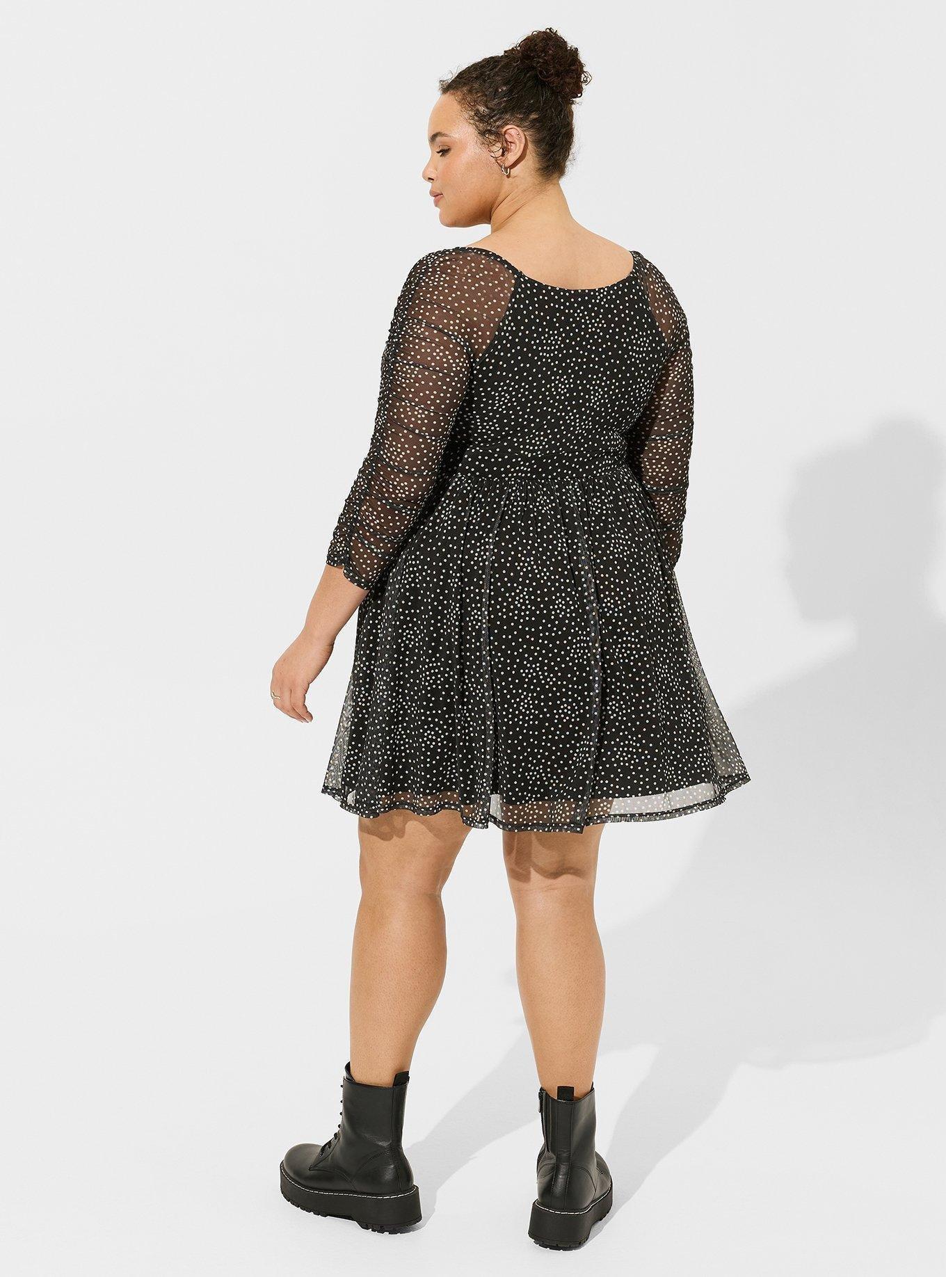 Mini Mesh Long Sleeve Ruched Skater Dress, DOT, alternate