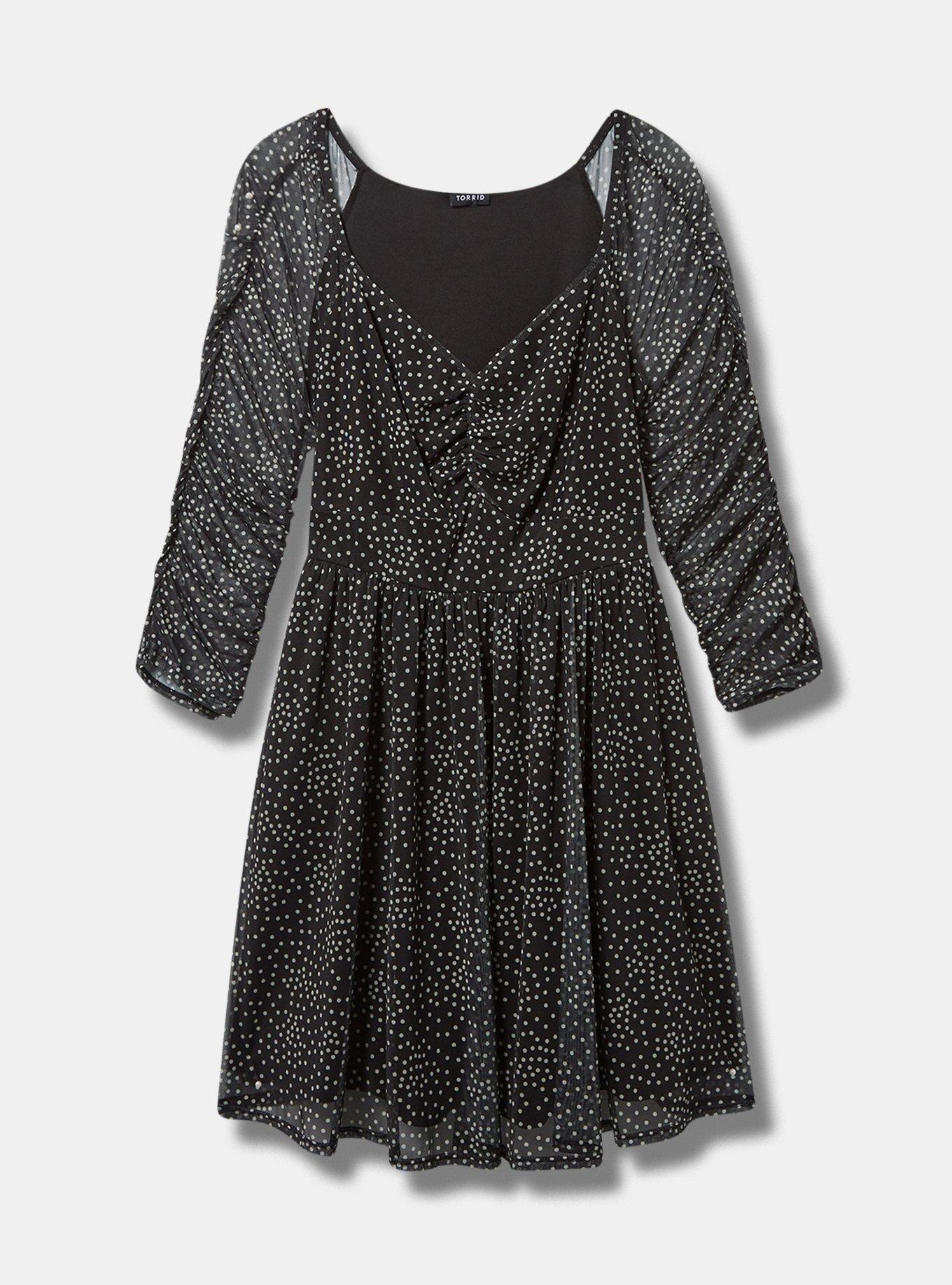 Mini Mesh Long Sleeve Ruched Skater Dress, DOT, hi-res