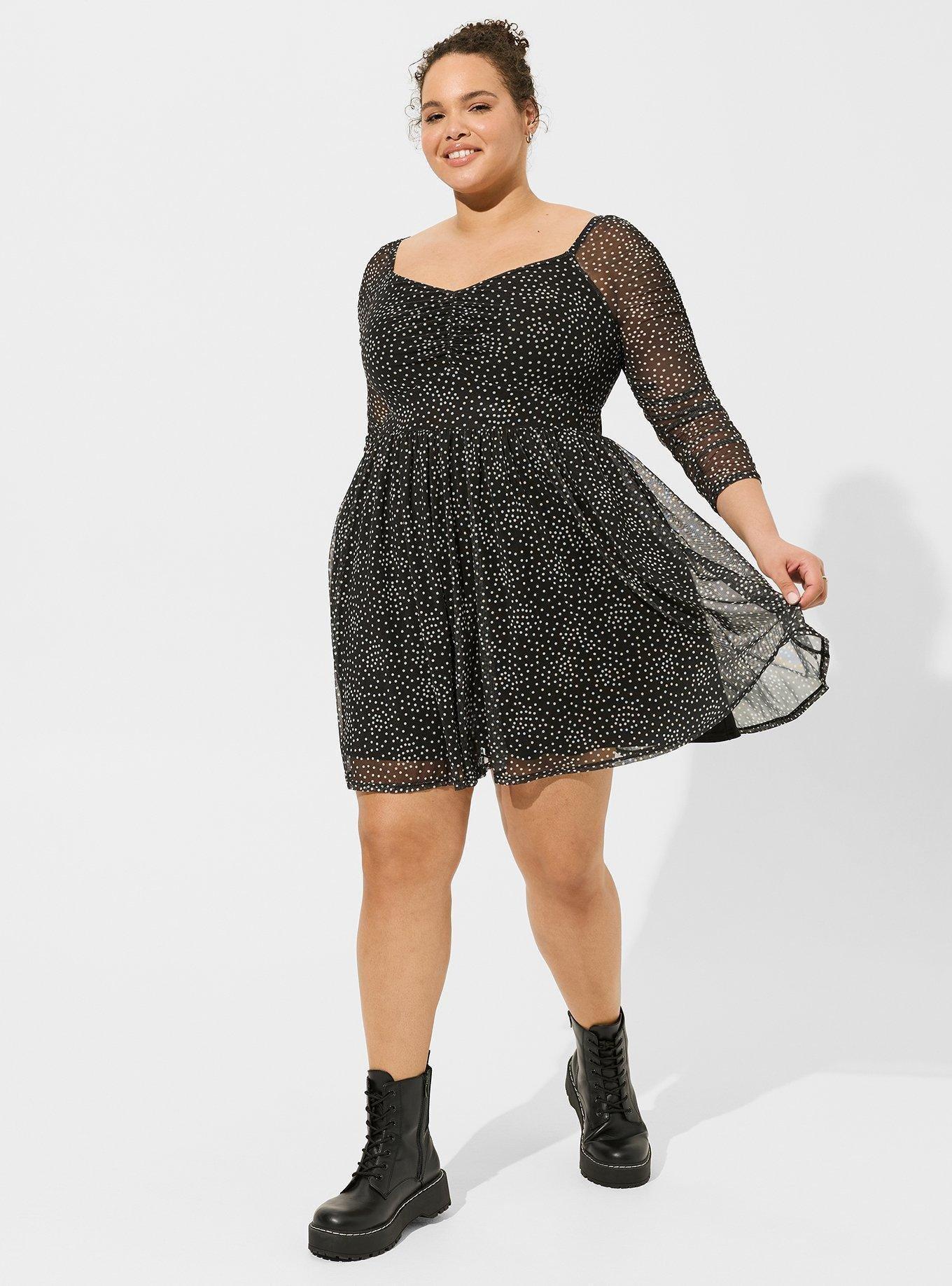 Plus Size - Mini Mesh Long Sleeve Ruched Skater Dress - Torrid