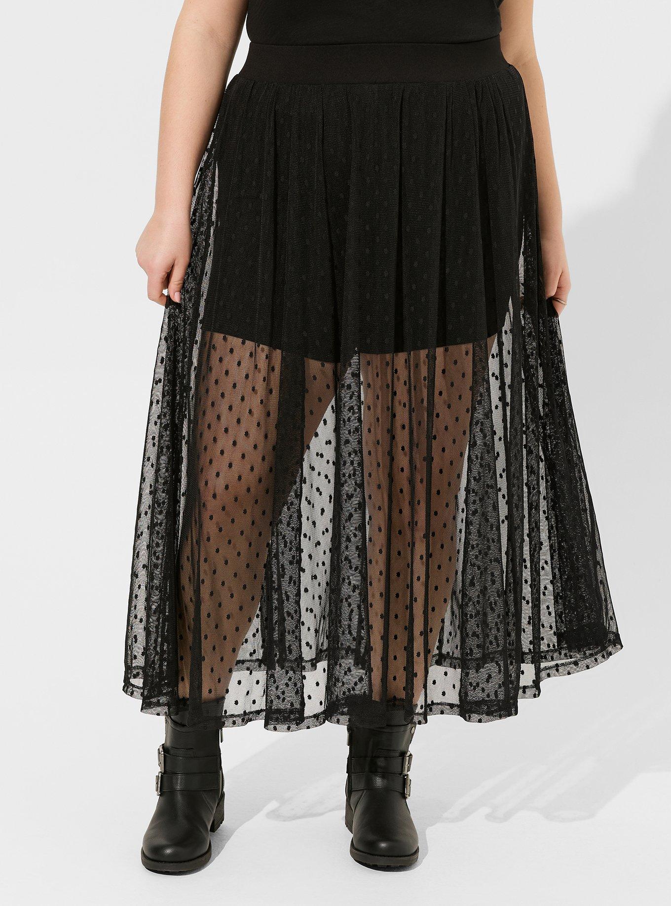 Plus Size Maxi Mesh Dot With Undershort Skirt, DEEP BLACK, alternate