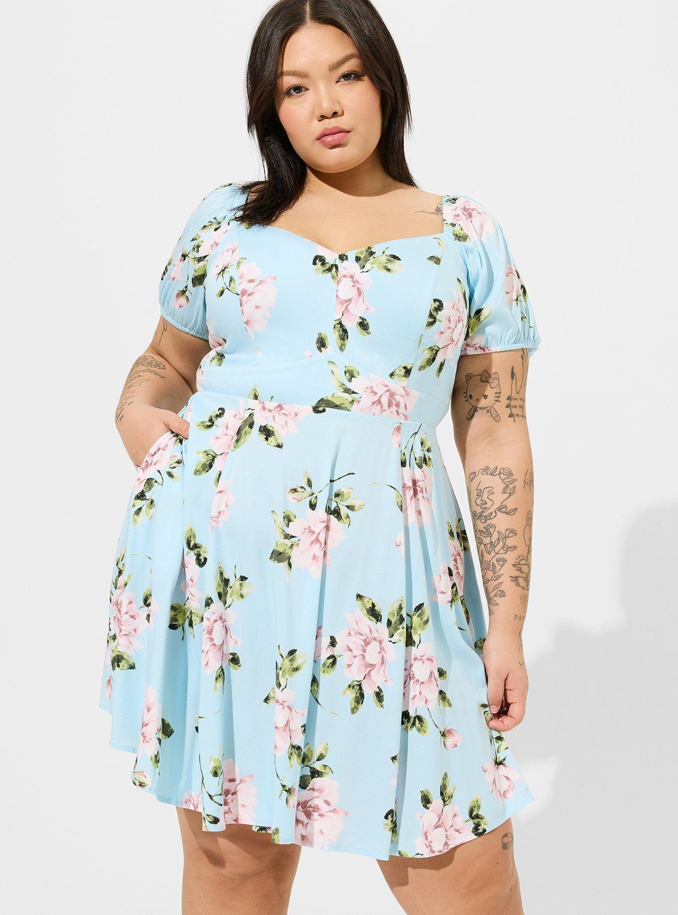 Plus Size Mini Stretch Challis Sweetheart Skater Dress, FLORAL - BLUE, alternate