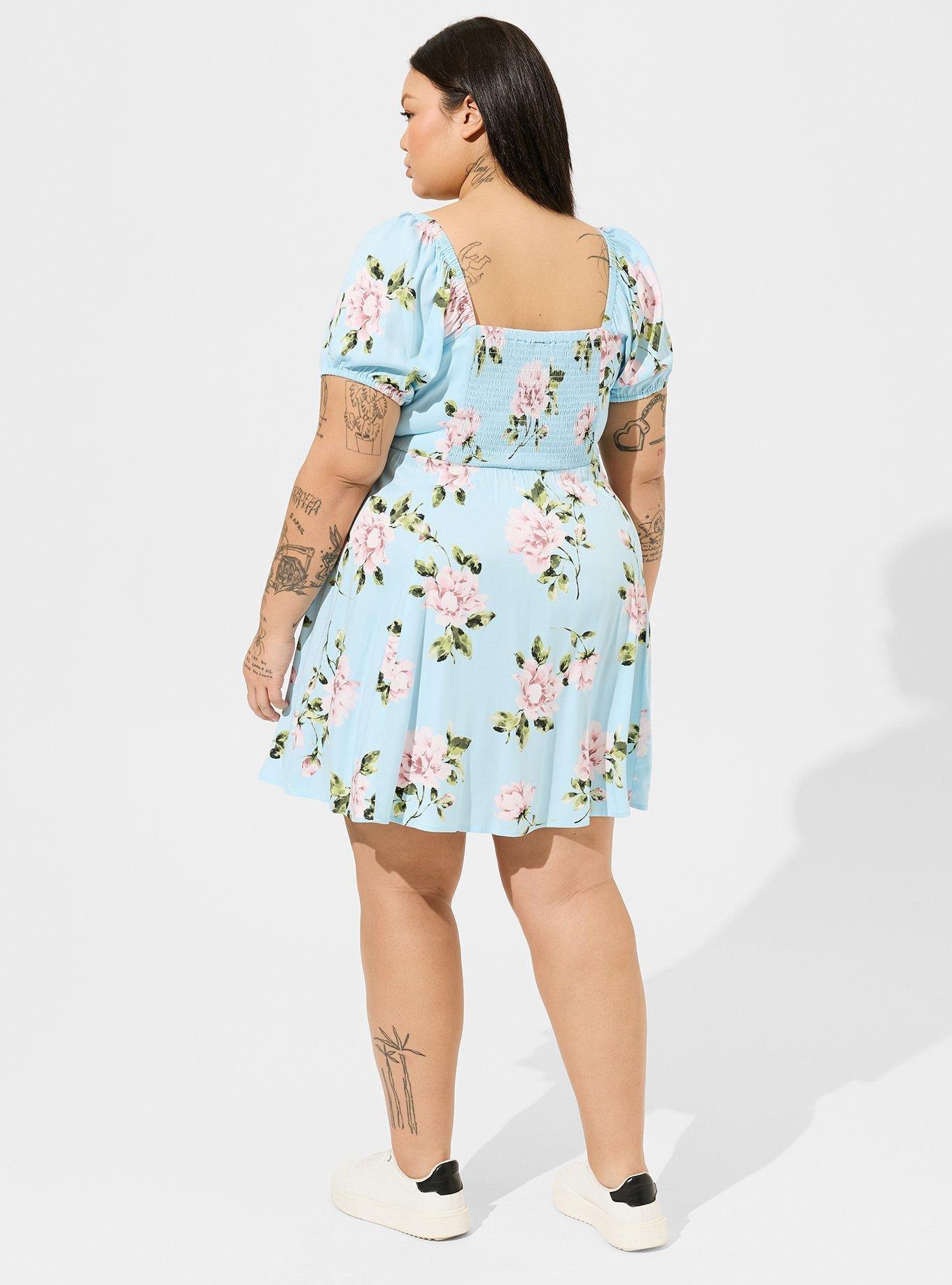 Plus Size Mini Stretch Challis Sweetheart Skater Dress, FLORAL - BLUE, alternate