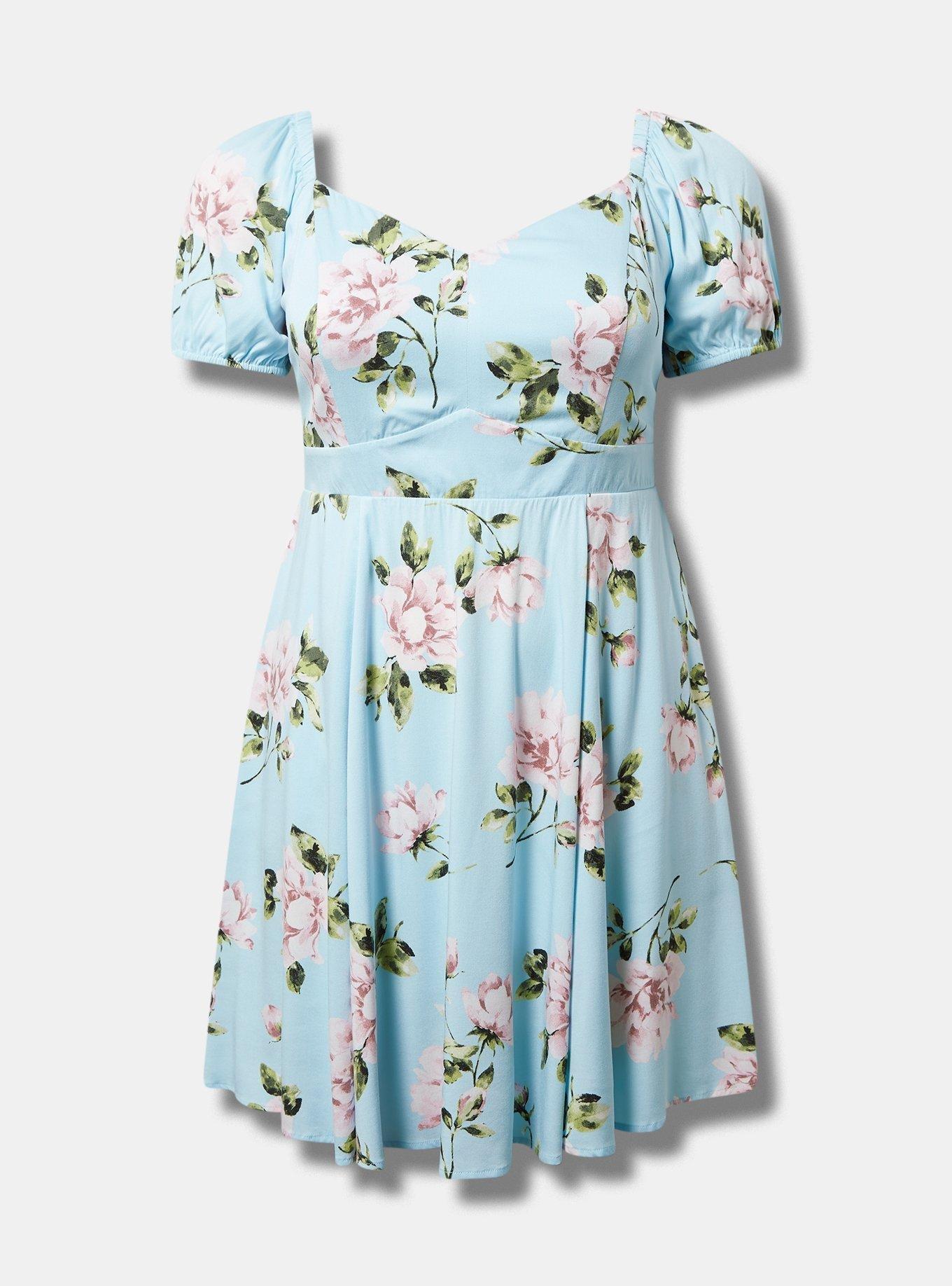 Plus Size Mini Stretch Challis Sweetheart Skater Dress, FLORAL - BLUE, hi-res