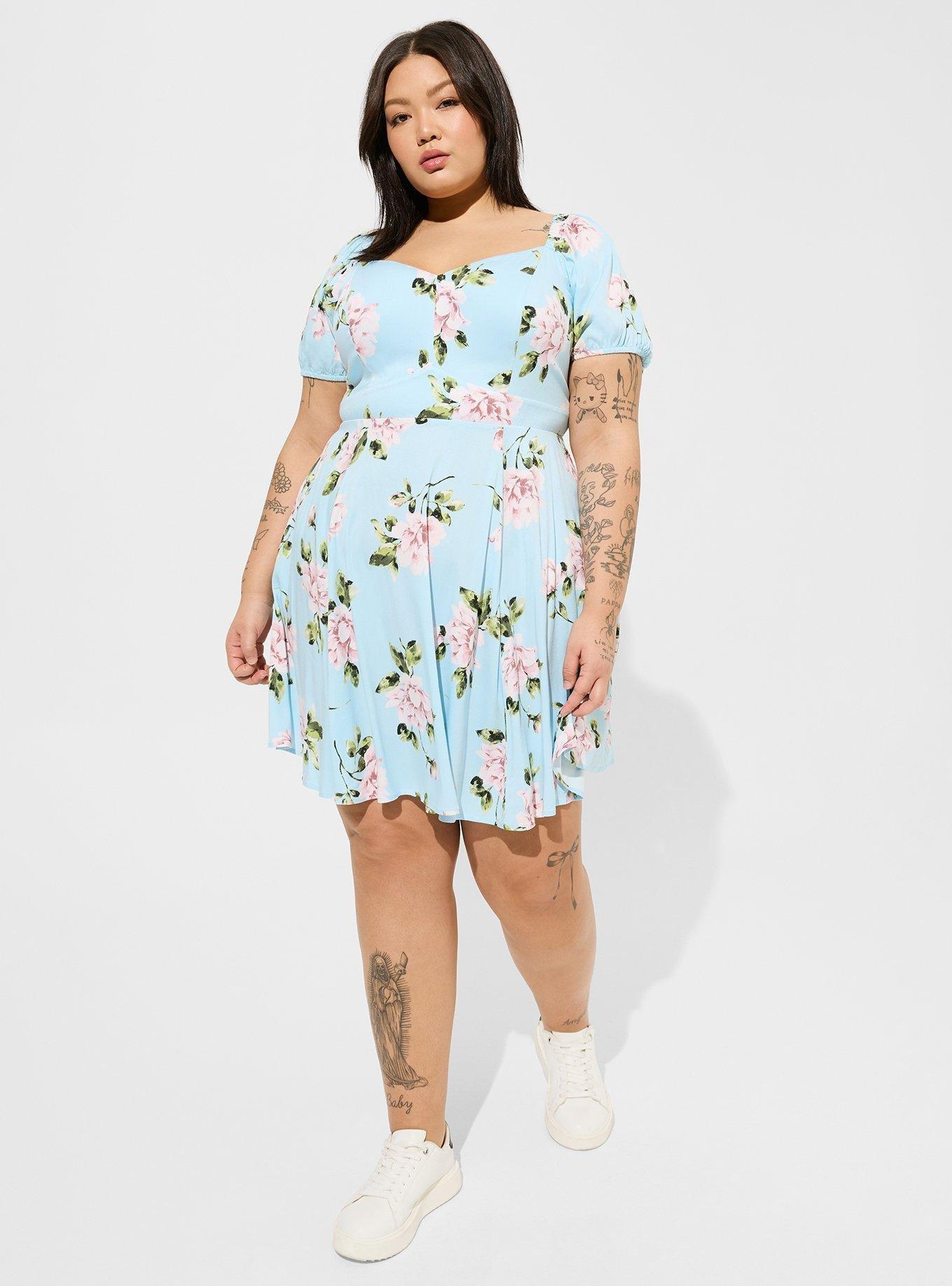 Plus Size Mini Stretch Challis Sweetheart Skater Dress, FLORAL - BLUE, hi-res