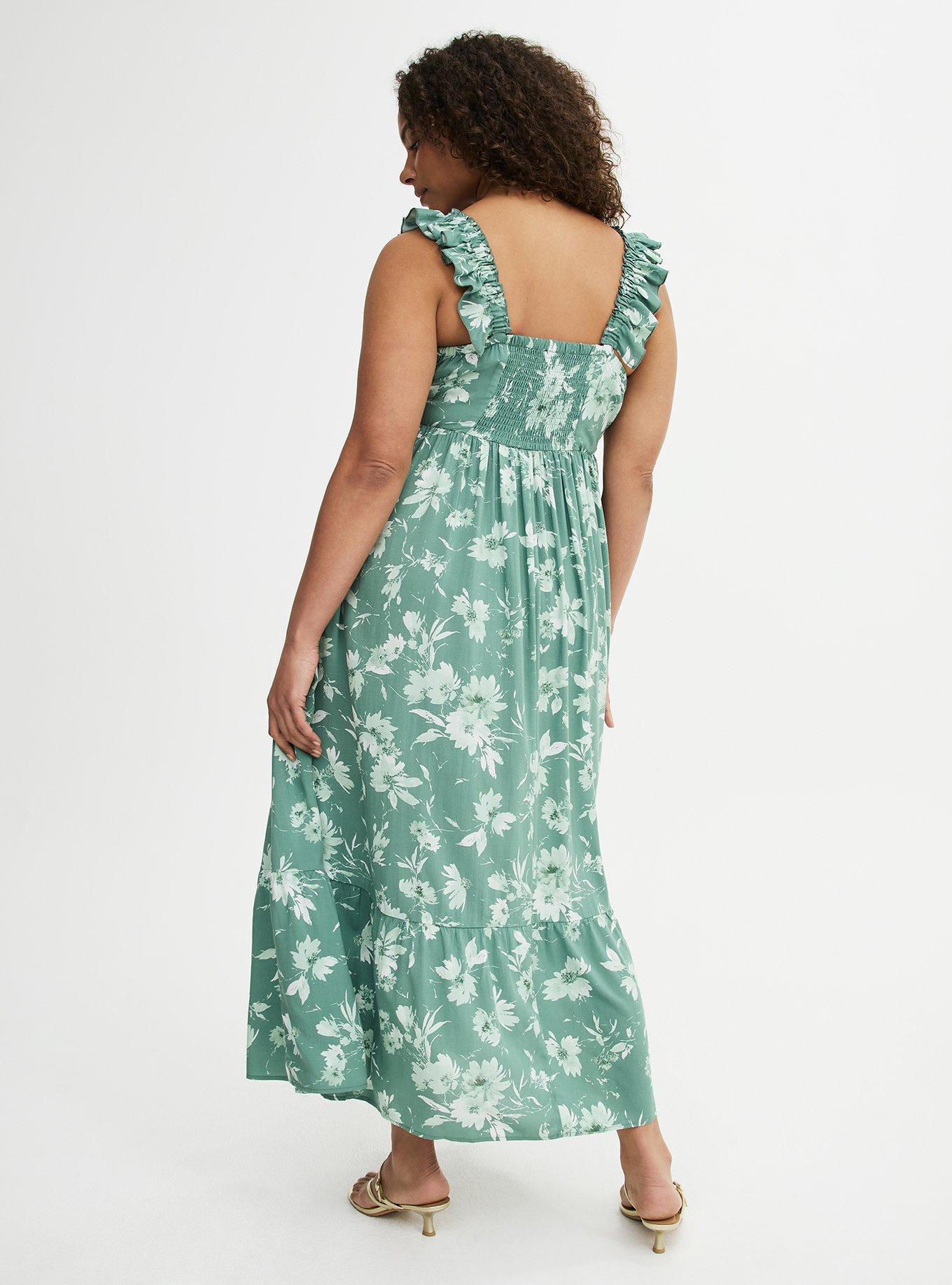 green floral tiered maxi dress Green and Ivory Floral Satin Mock Halter Neck Tiered Maxi Dress