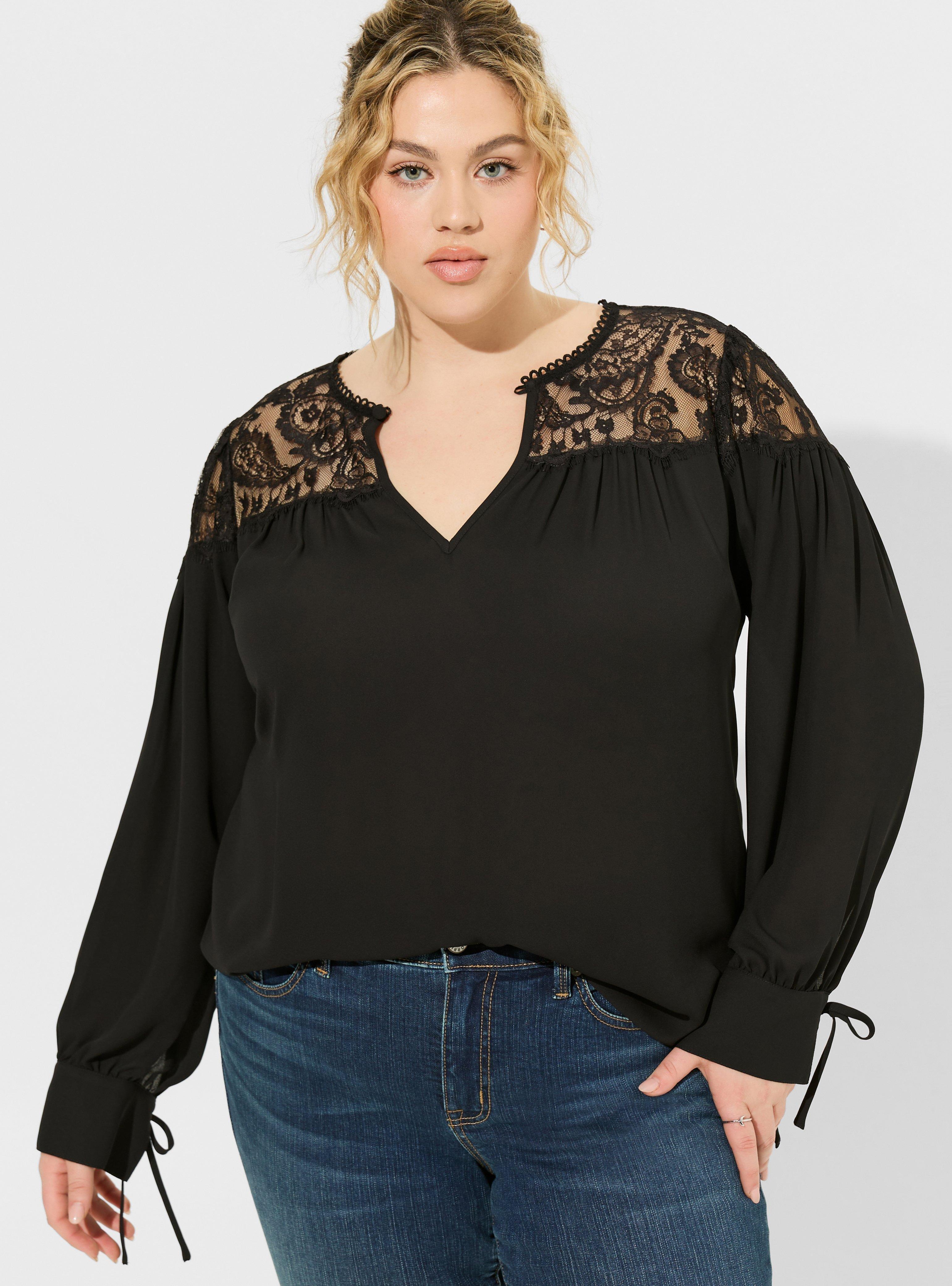 Torrid 6 Black High Lace Neck Button Keyhole Back Of Neck Lace 3/4 Sleeve outlet Top