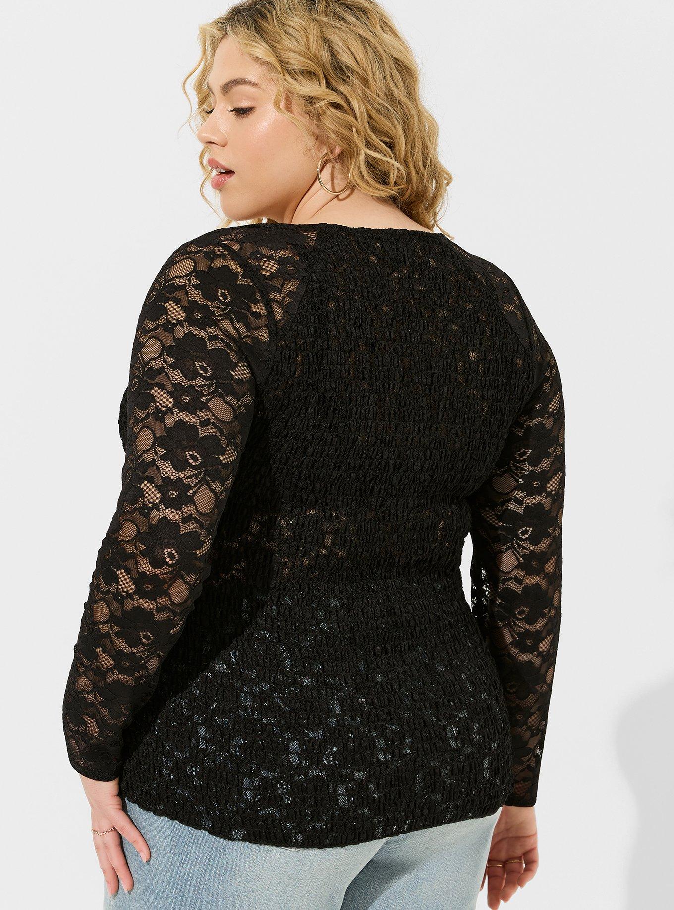 Plus Size - Smocked Stretch Lace Scoop Henley Top - Torrid