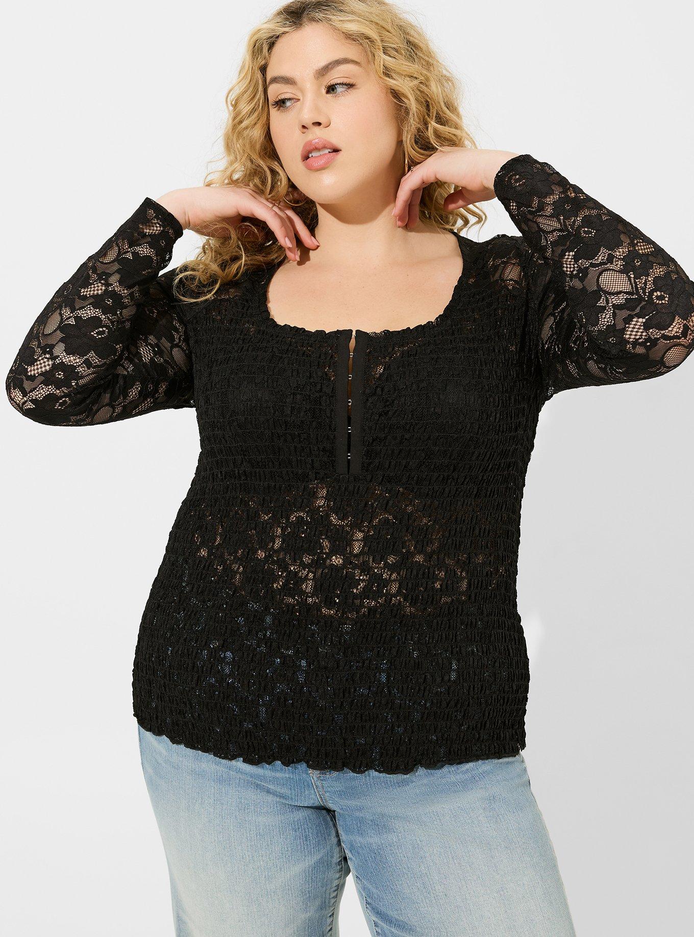 Plus Size - Smocked Stretch Lace Scoop Henley Top - Torrid