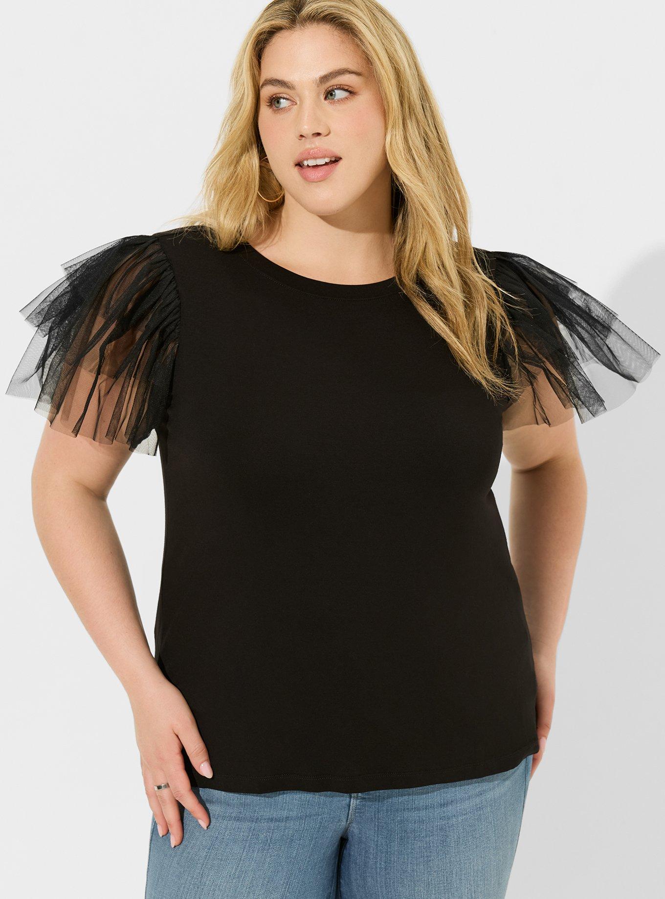 Super Soft Crew Neck Tulle Tiered Sleeve Tee, DEEP BLACK, alternate