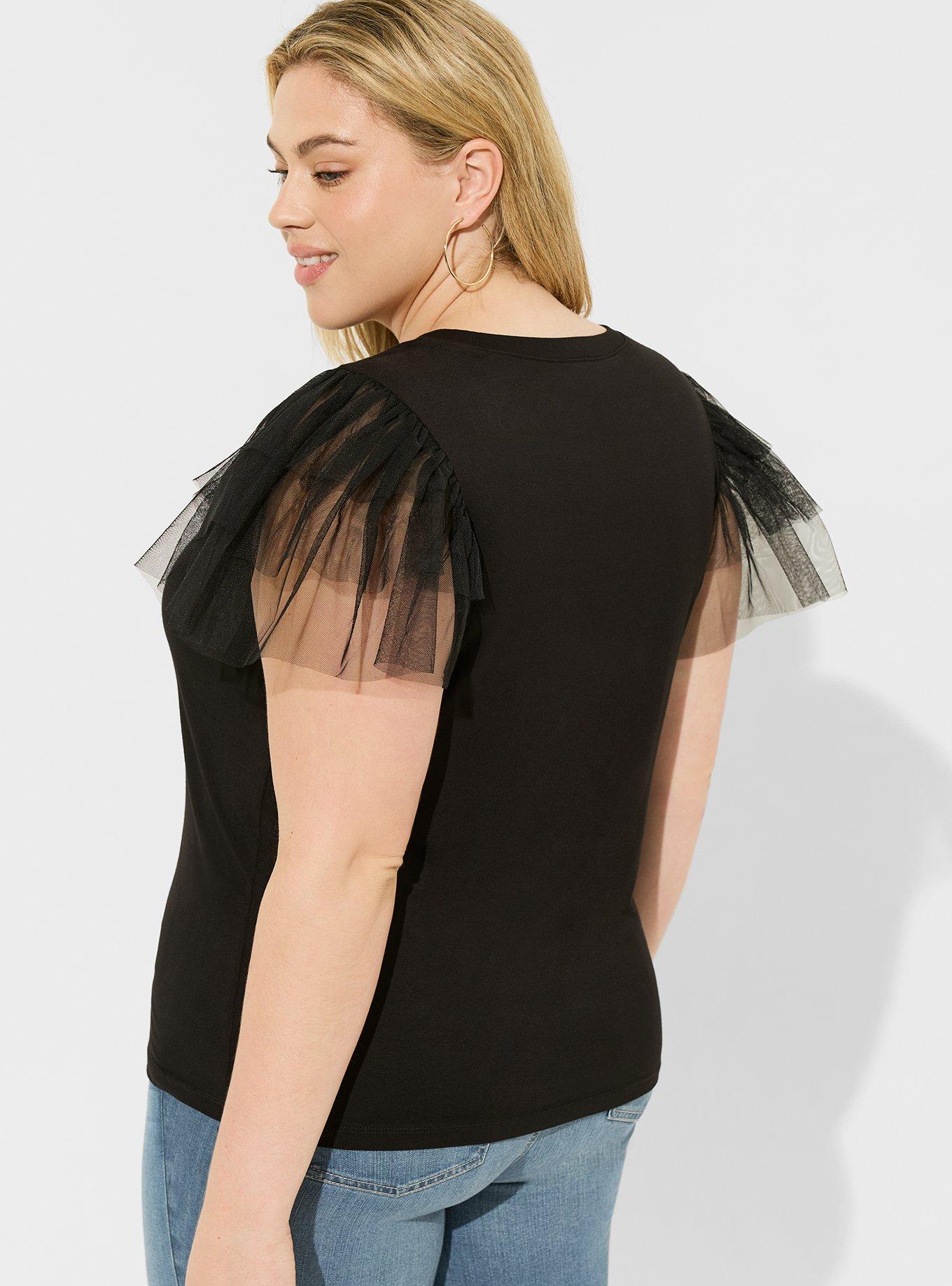 Super Soft Crew Neck Tulle Tiered Sleeve Tee