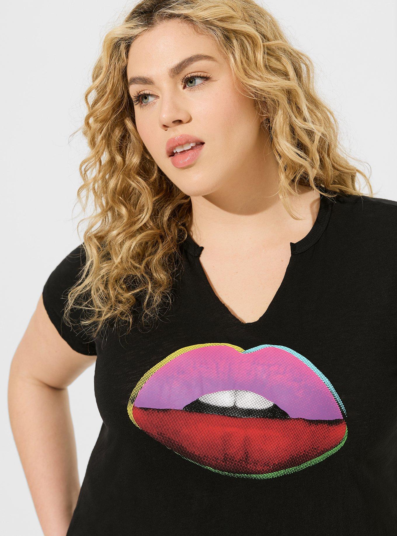 Pop Art Lips Heritage Jersey Notch Neck Vintage Tee , DEEP BLACK, alternate