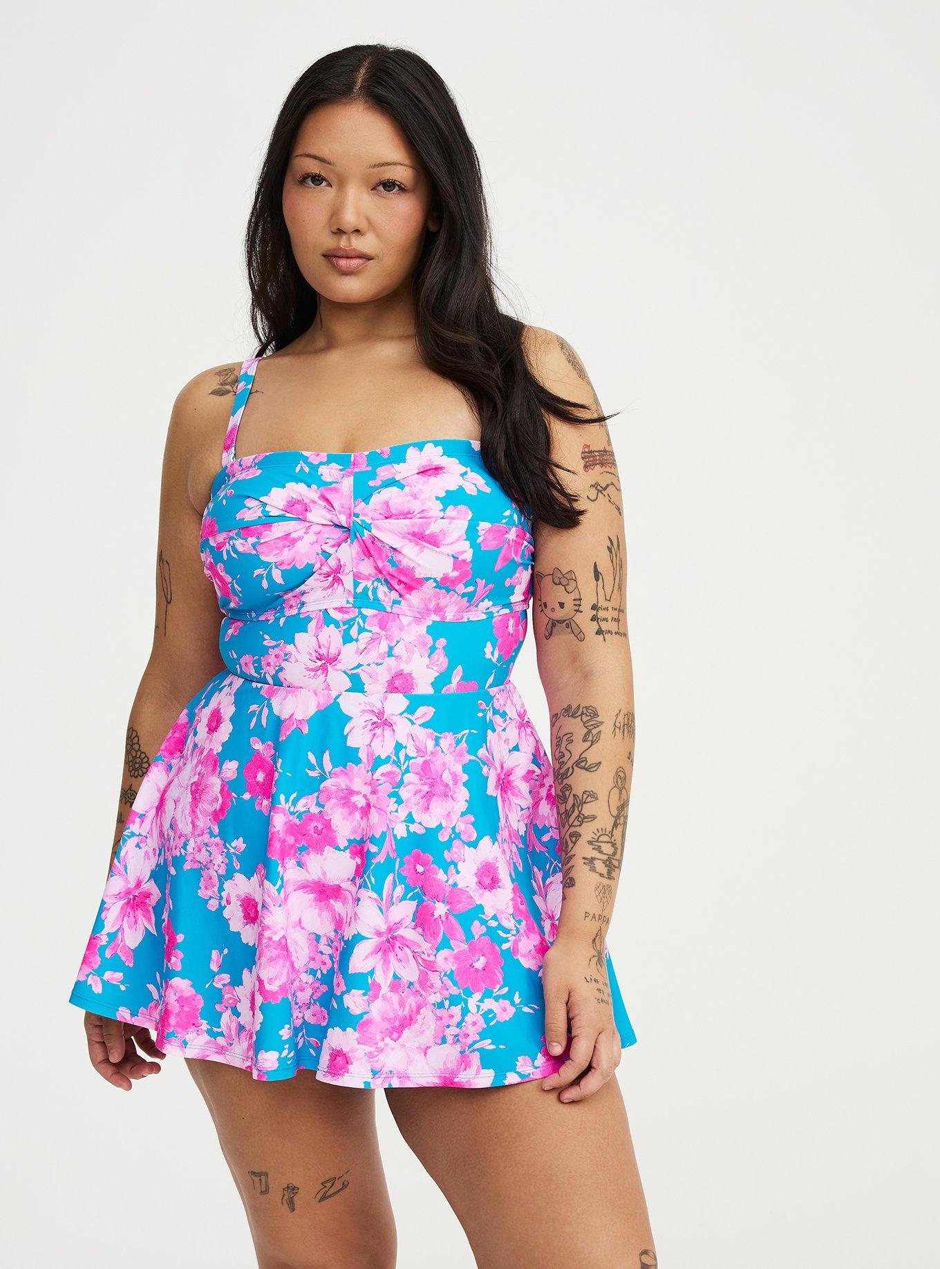 Wireless Bandeau Swim Dress, STEPH FLORAL BLUE, alternate