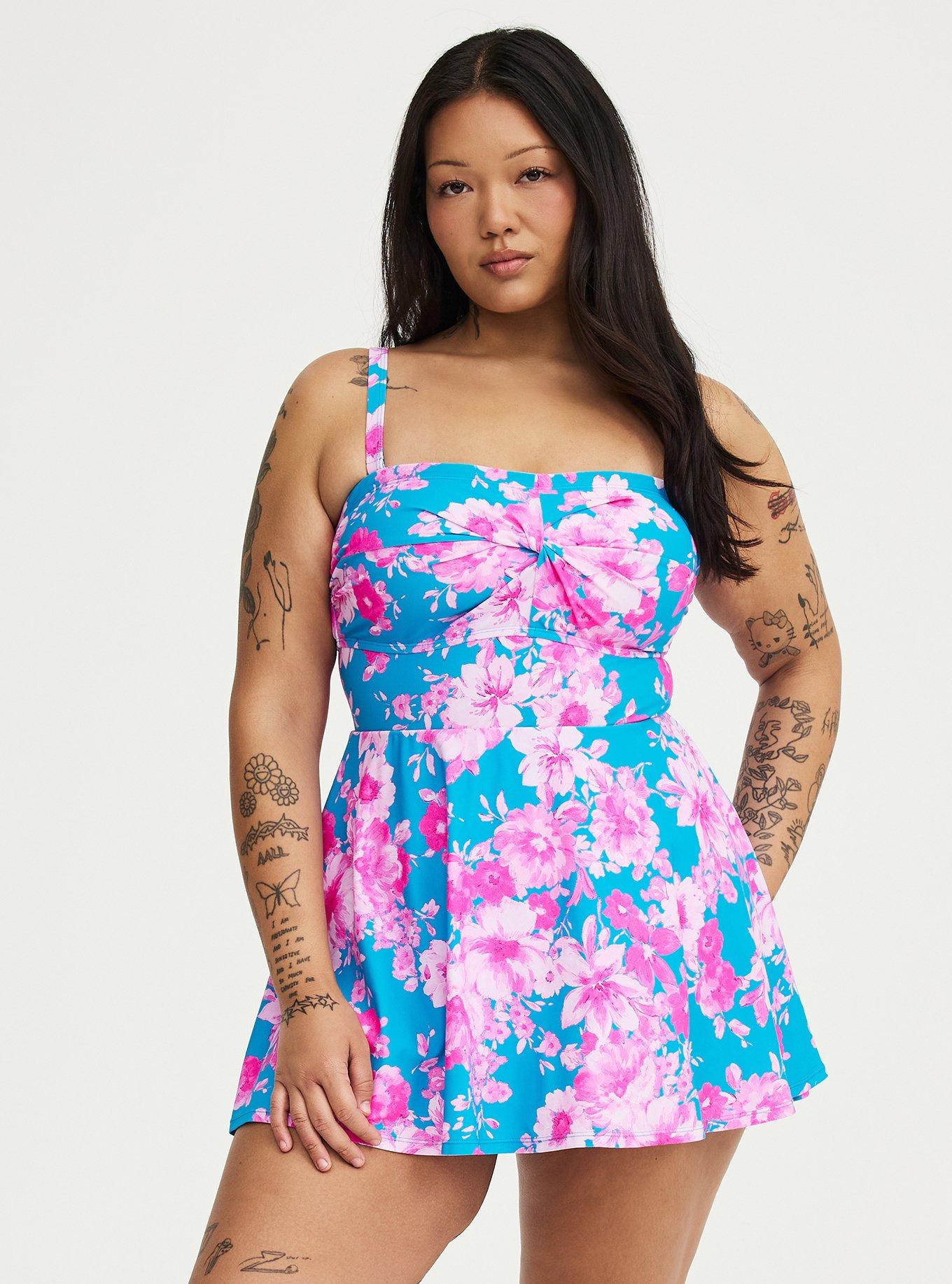 Wireless Bandeau Swim Dress, STEPH FLORAL BLUE, hi-res