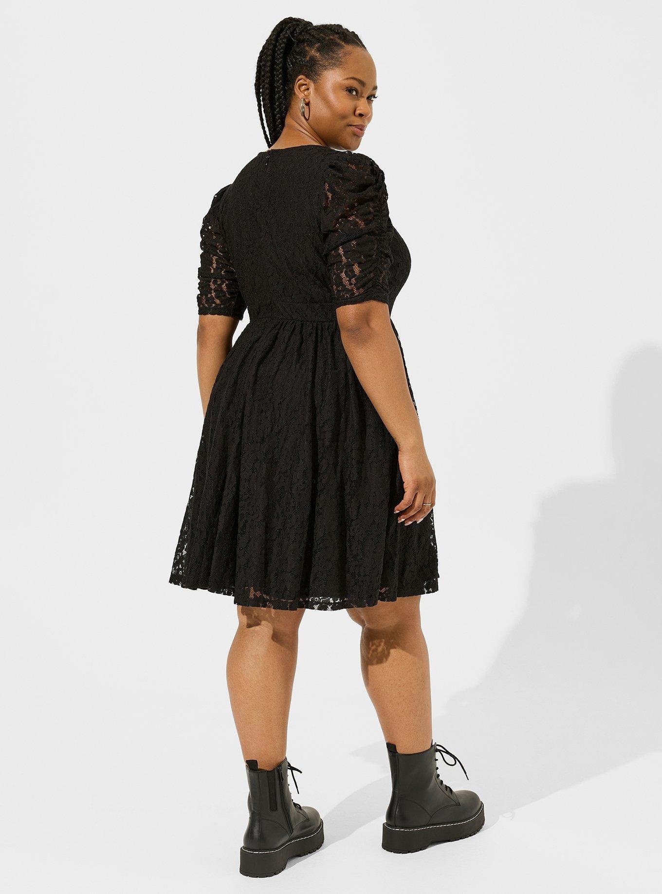 Mini Stretch Lace Ruched Sleeve Skater Dress, DEEP BLACK, alternate