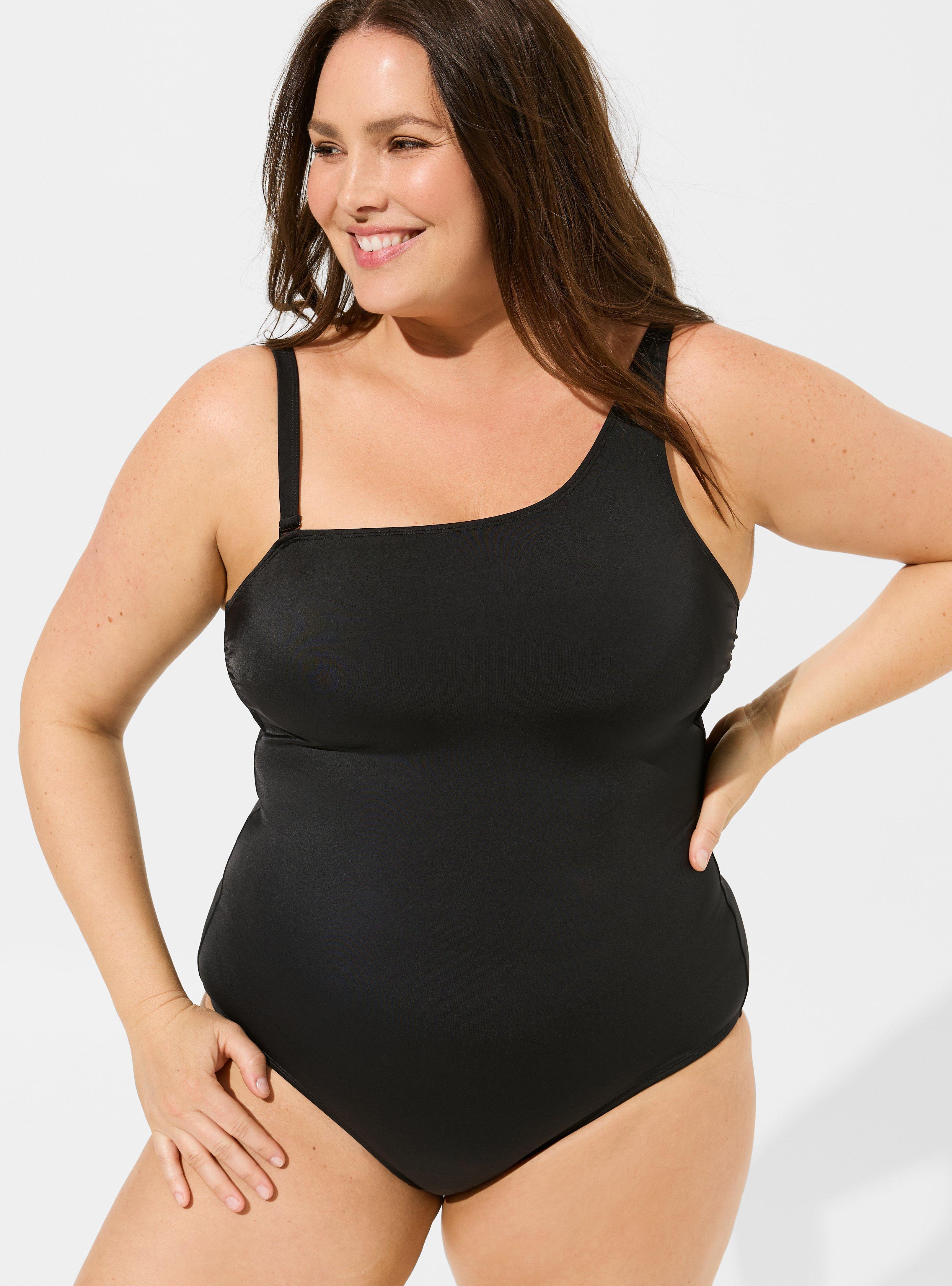 Wireless One Shoulder One Piece Swimsuit, DEEP BLACK, alternate