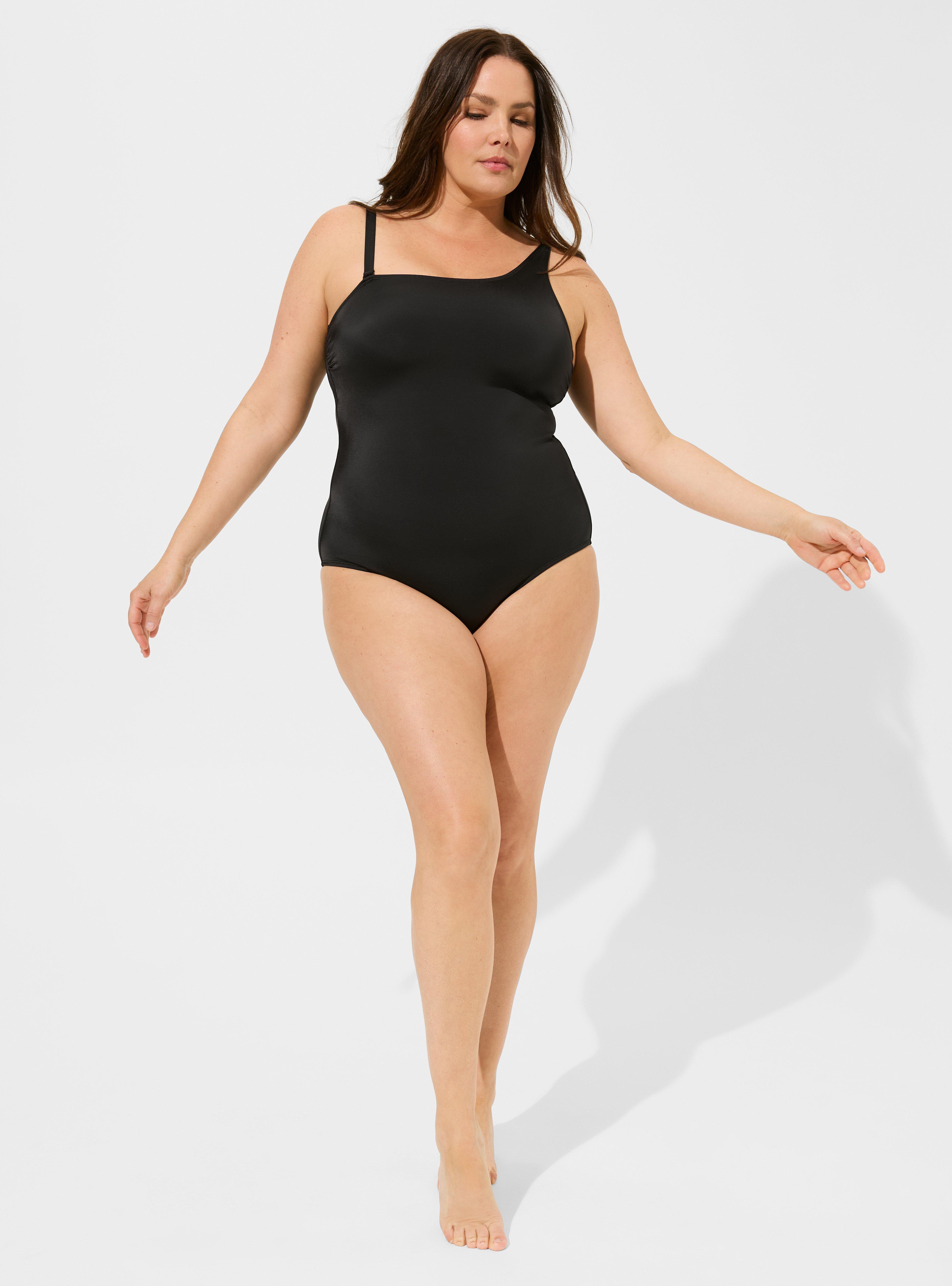 Wireless One Shoulder One Piece Swimsuit, DEEP BLACK, alternate