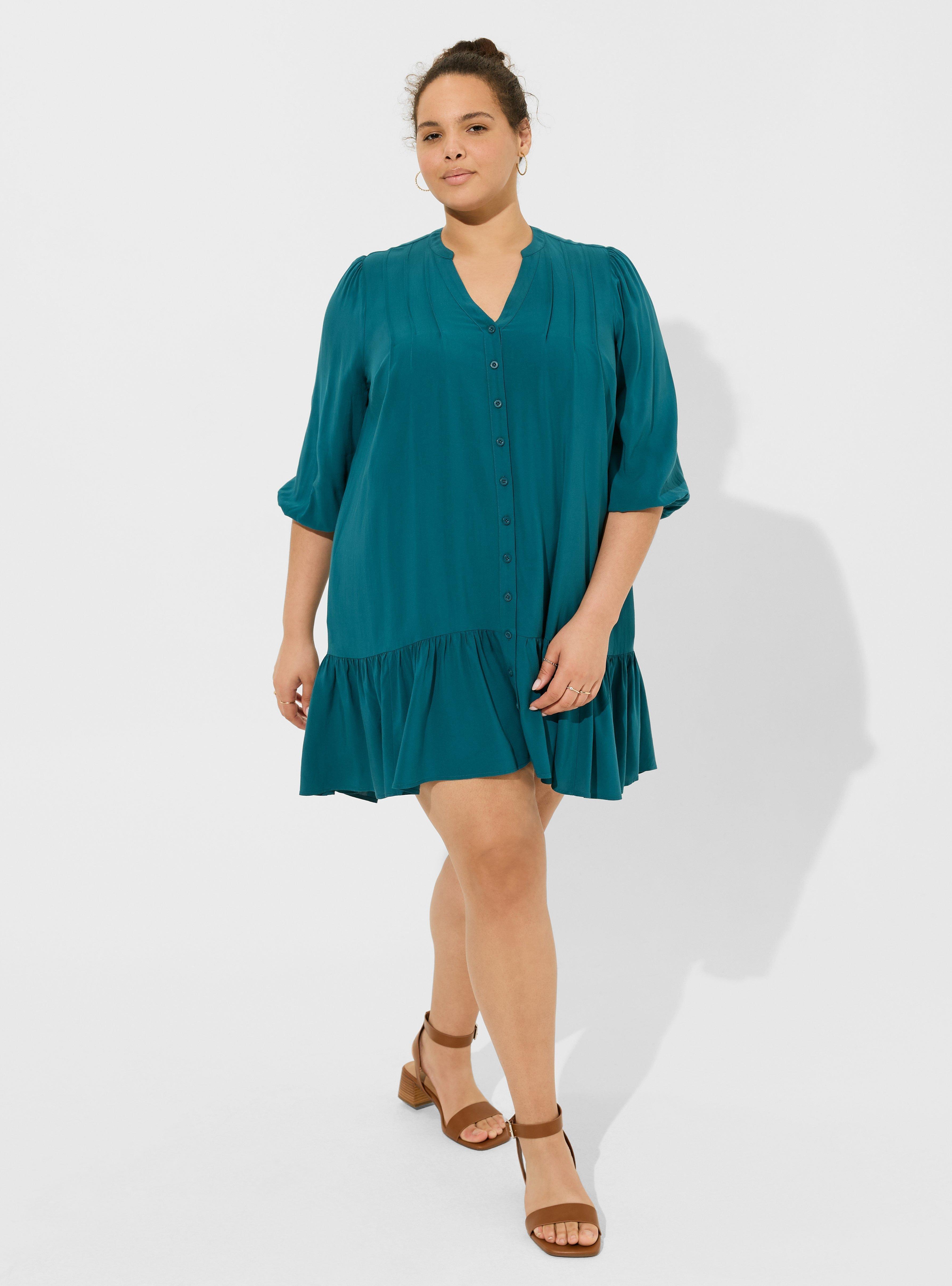 Mini Rayon Slub 3/4 Sleeve Trapeze Pleat Dress