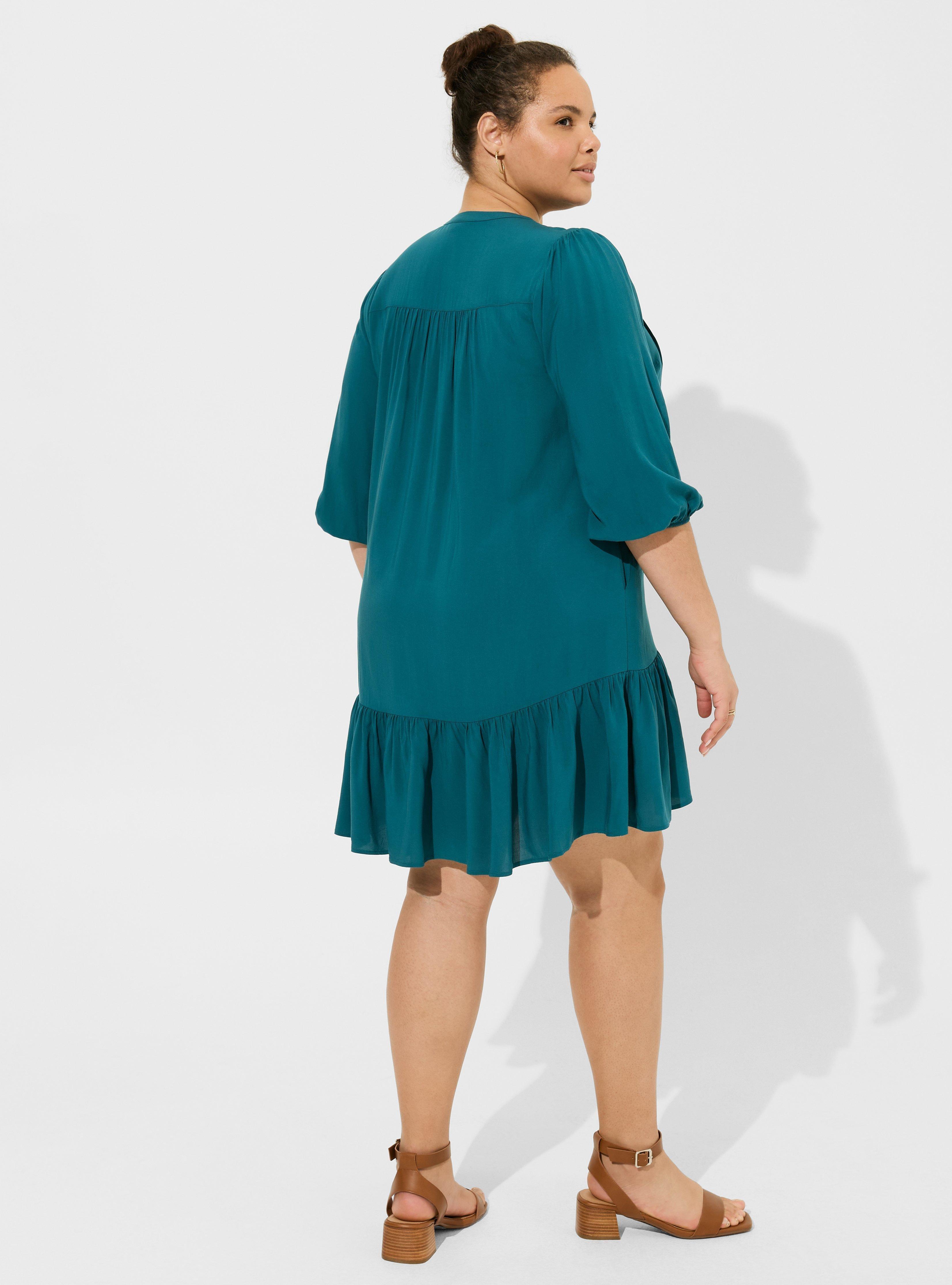 Mini Rayon Slub 3/4 Sleeve Trapeze Pleat Dress