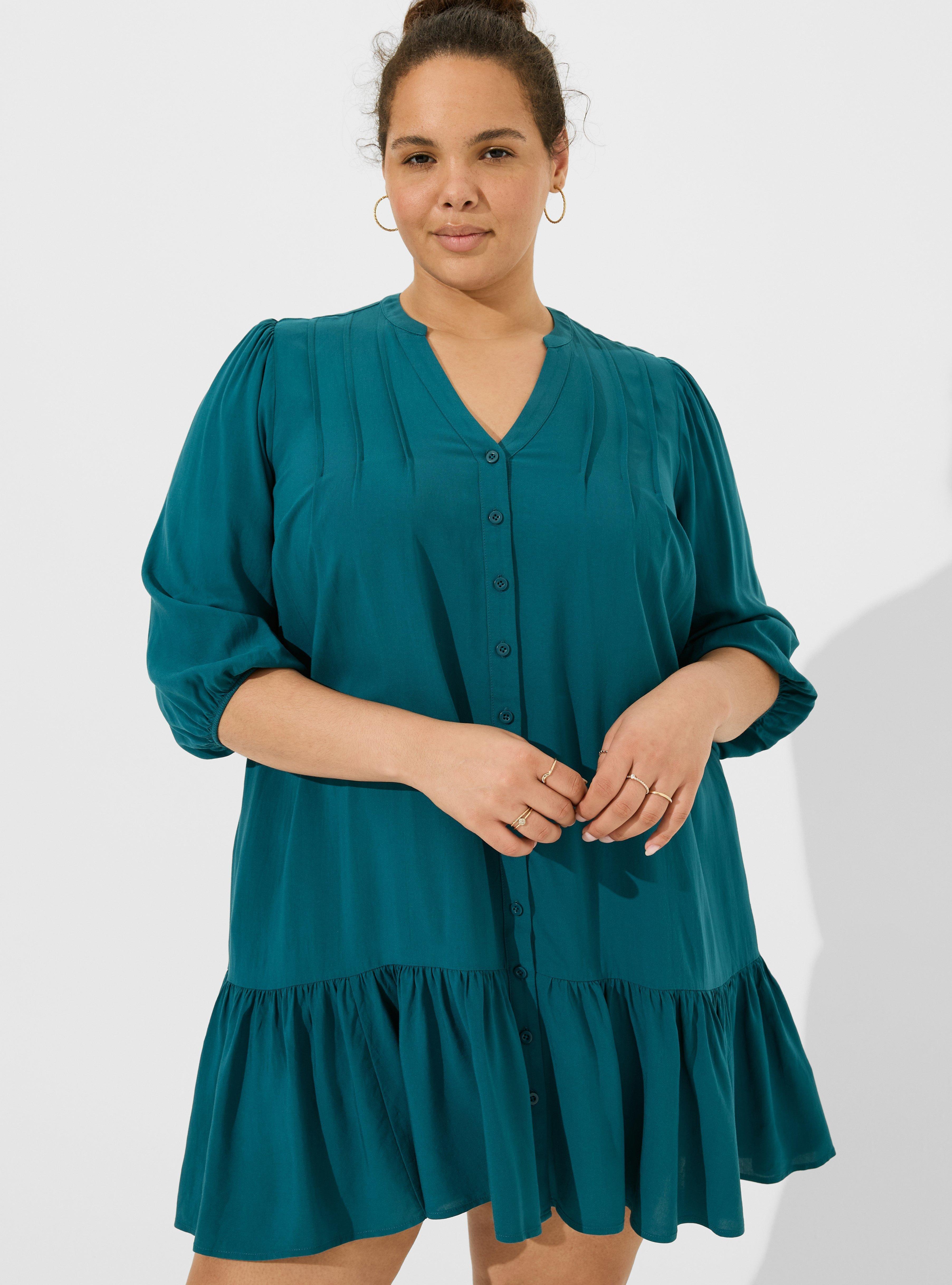 Mini Rayon Slub 3/4 Sleeve Trapeze Pleat Dress