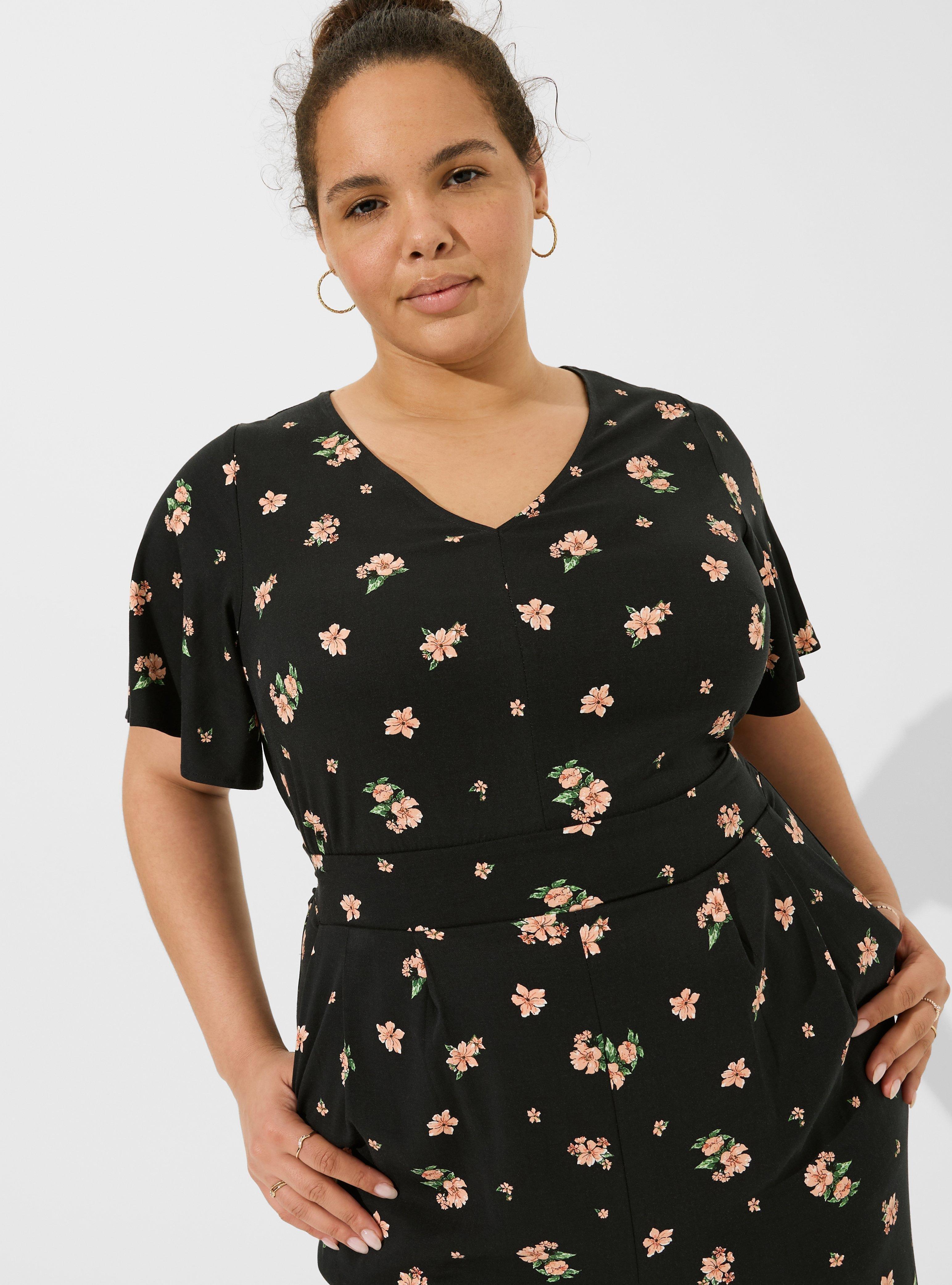 Stretch Challis Flutter Sleeve Jumpsuit, JUMBO SPACED FLORALS DEEP BLACK, alternate