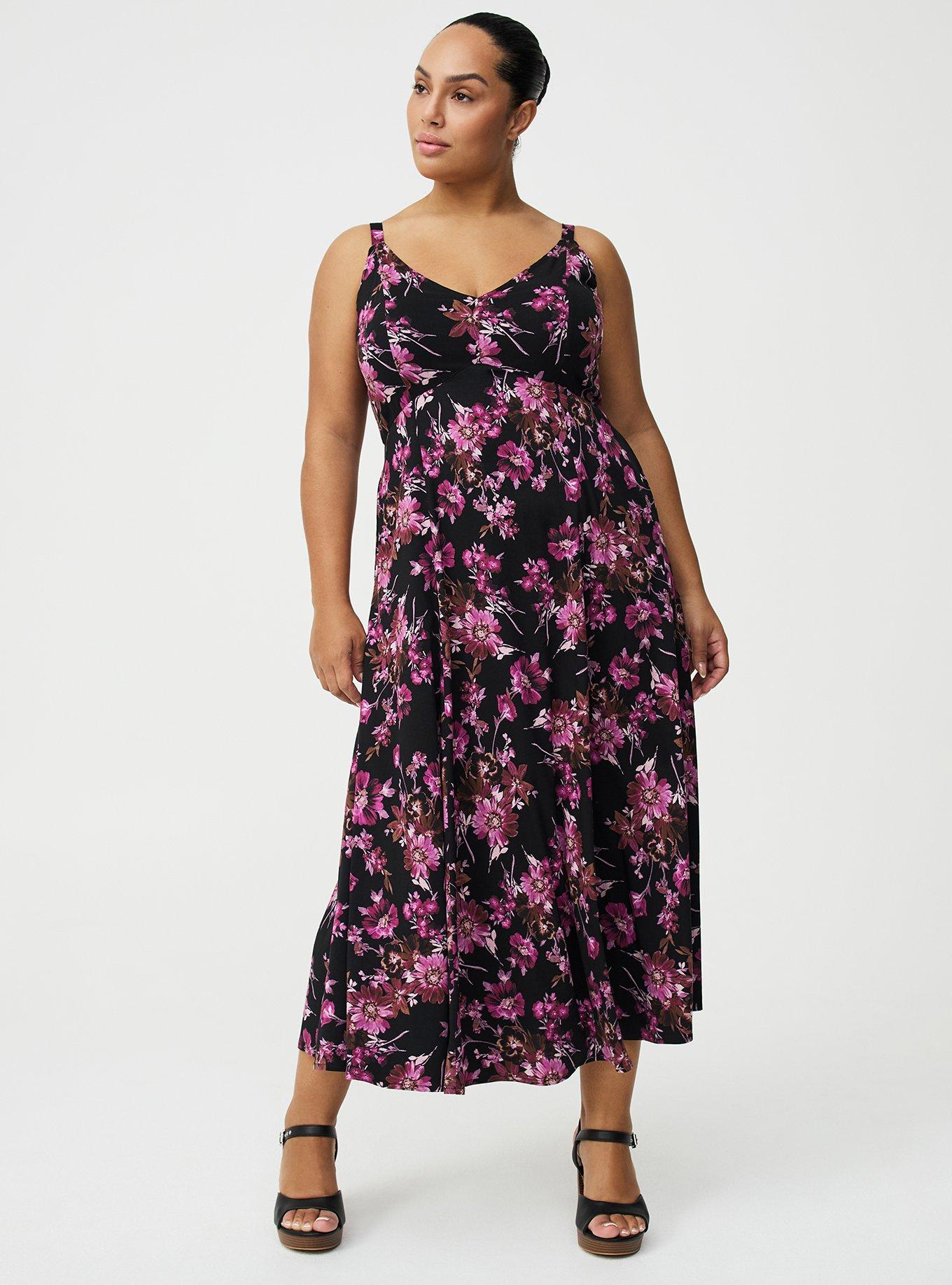 Plus Size Tea Length Trapeze Dress, WHIMSICAL DAISY FLORAL BLACK, hi-res