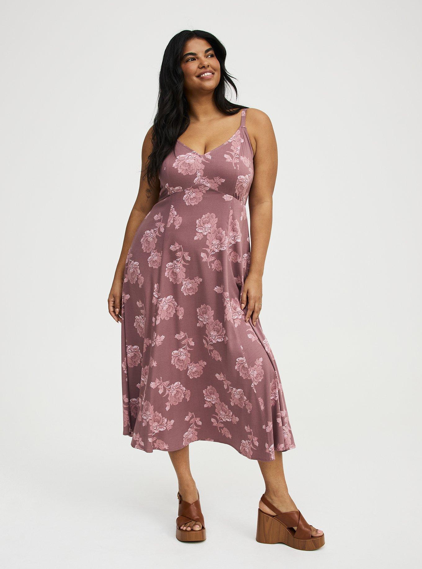 Plus Size Tea Length Trapeze Dress, FLOWER STAMPS FLORAL TAN, hi-res