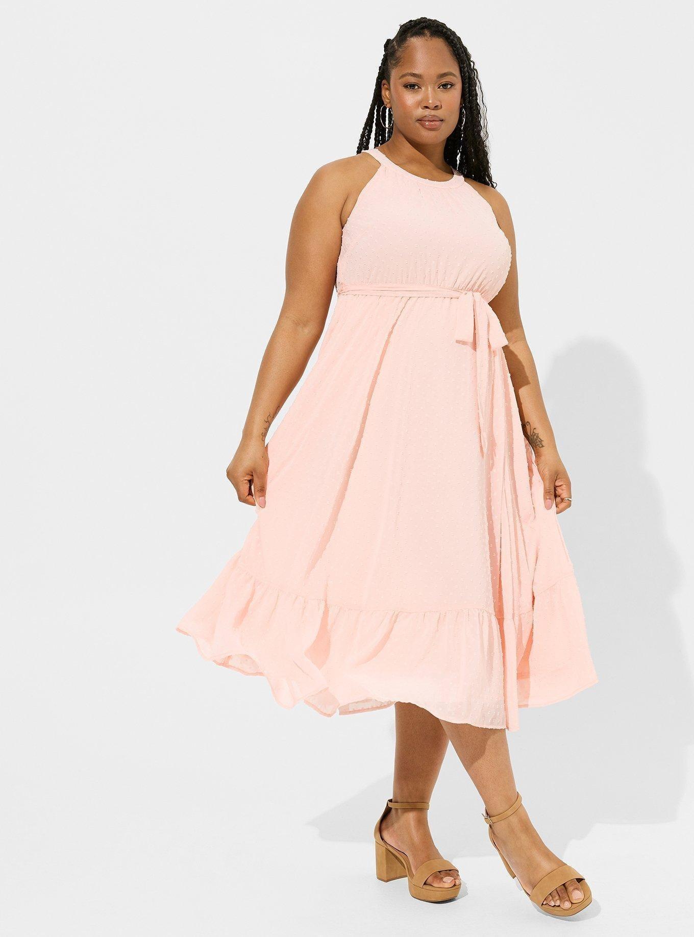 Tea Length Clip Dot Hi Neck Tiered Dress