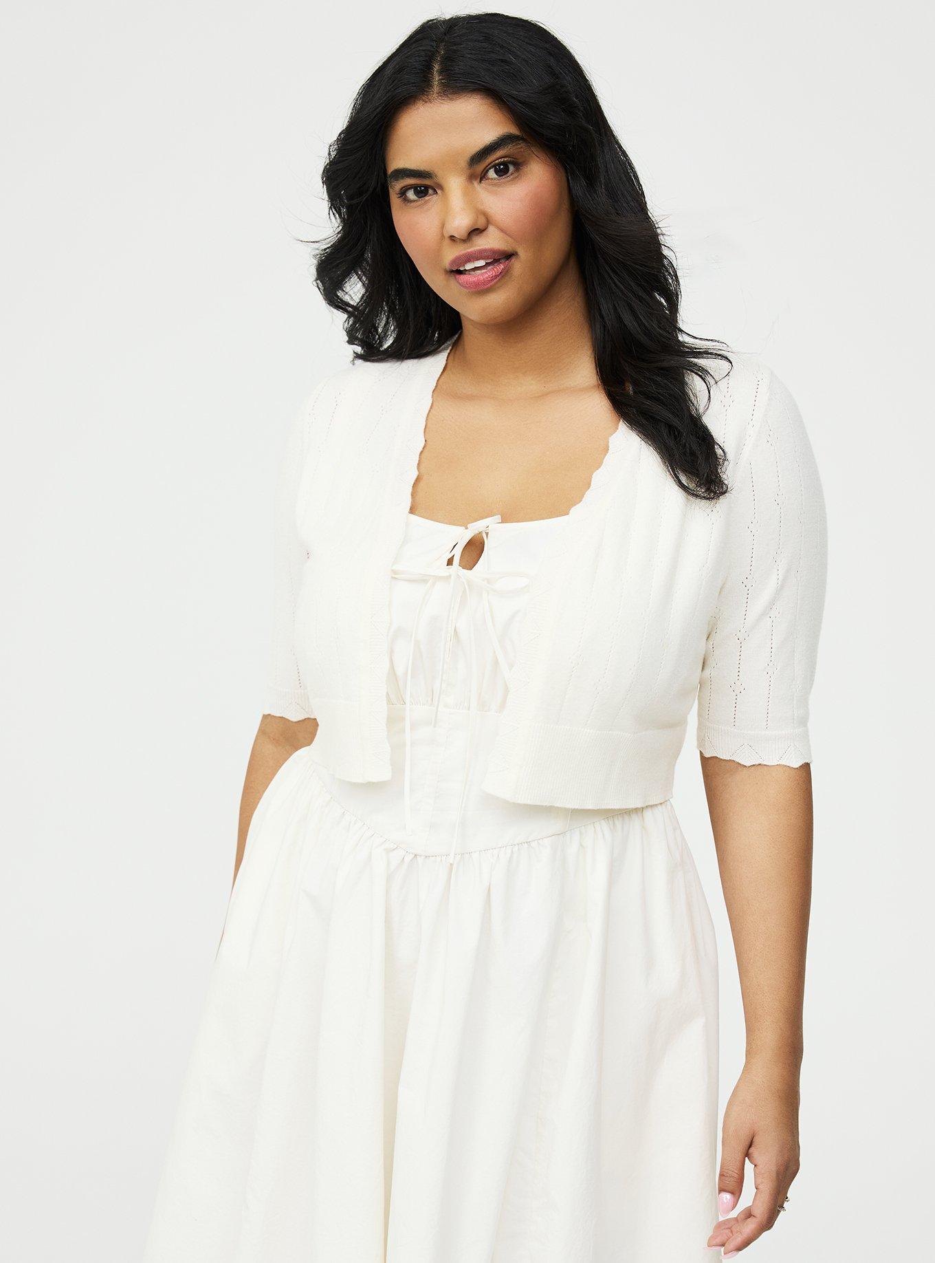 white shrug for dress Plus Size Krystal Front Ruffle With it features slimming long sleeves that provide both style and comfort Womens White Tulip Cuff Shrug