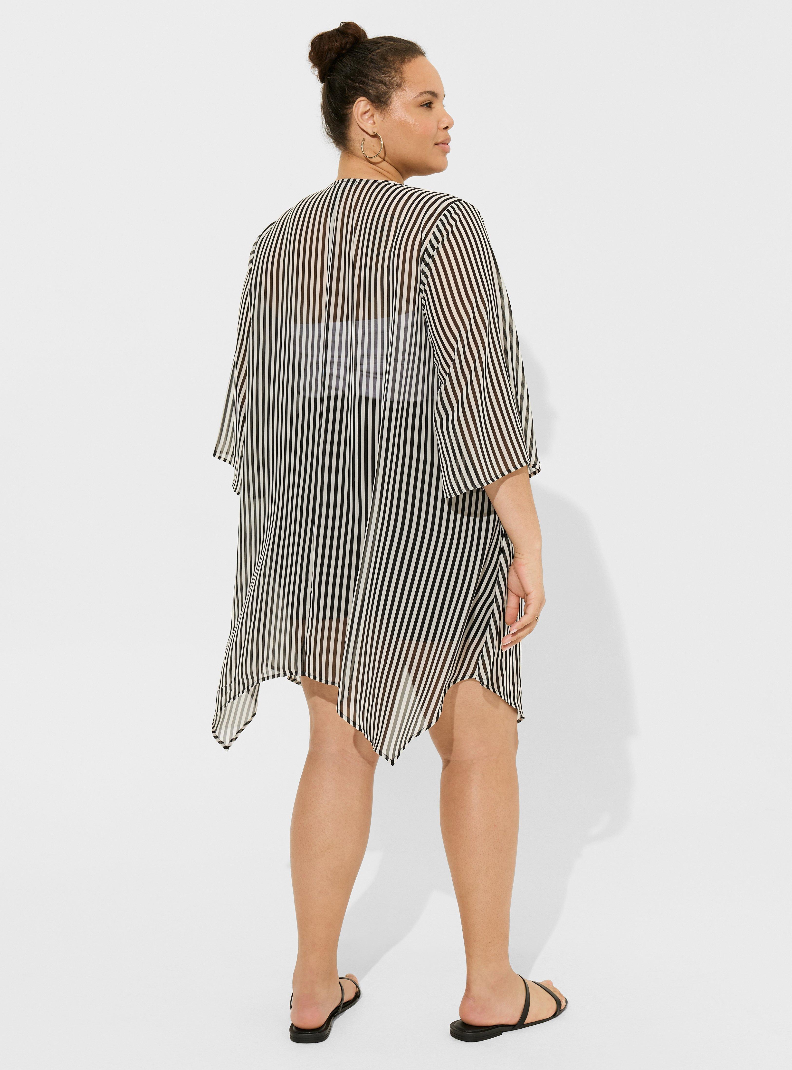 Textured Chiffon Hanky Hem Kimono, STRIPE BLACK WHITE, alternate