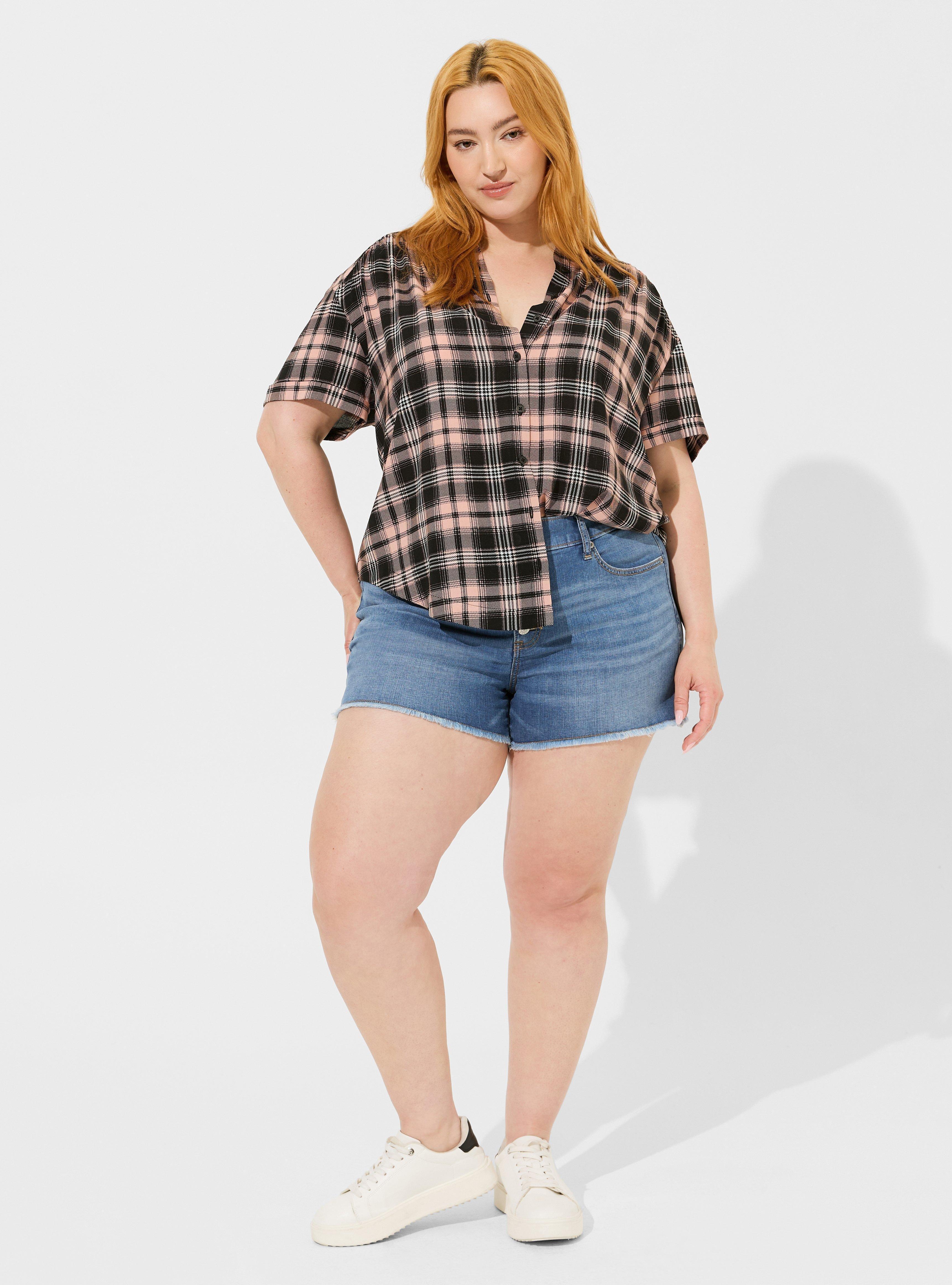 Challis Button Up Short Sleeve Shirt Top, MEI PLAID PINK, alternate