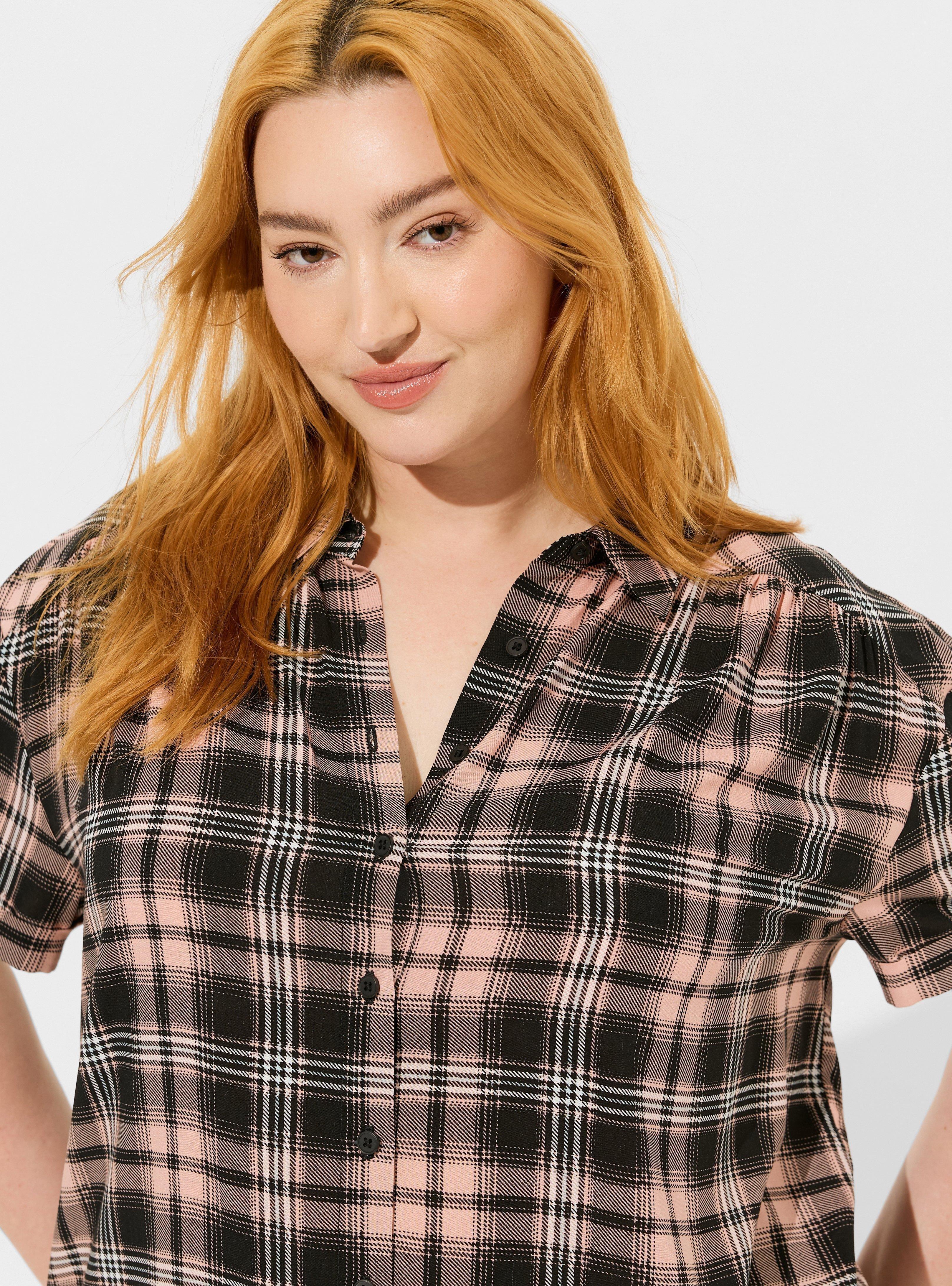Challis Button Up Short Sleeve Shirt Top, MEI PLAID PINK, alternate