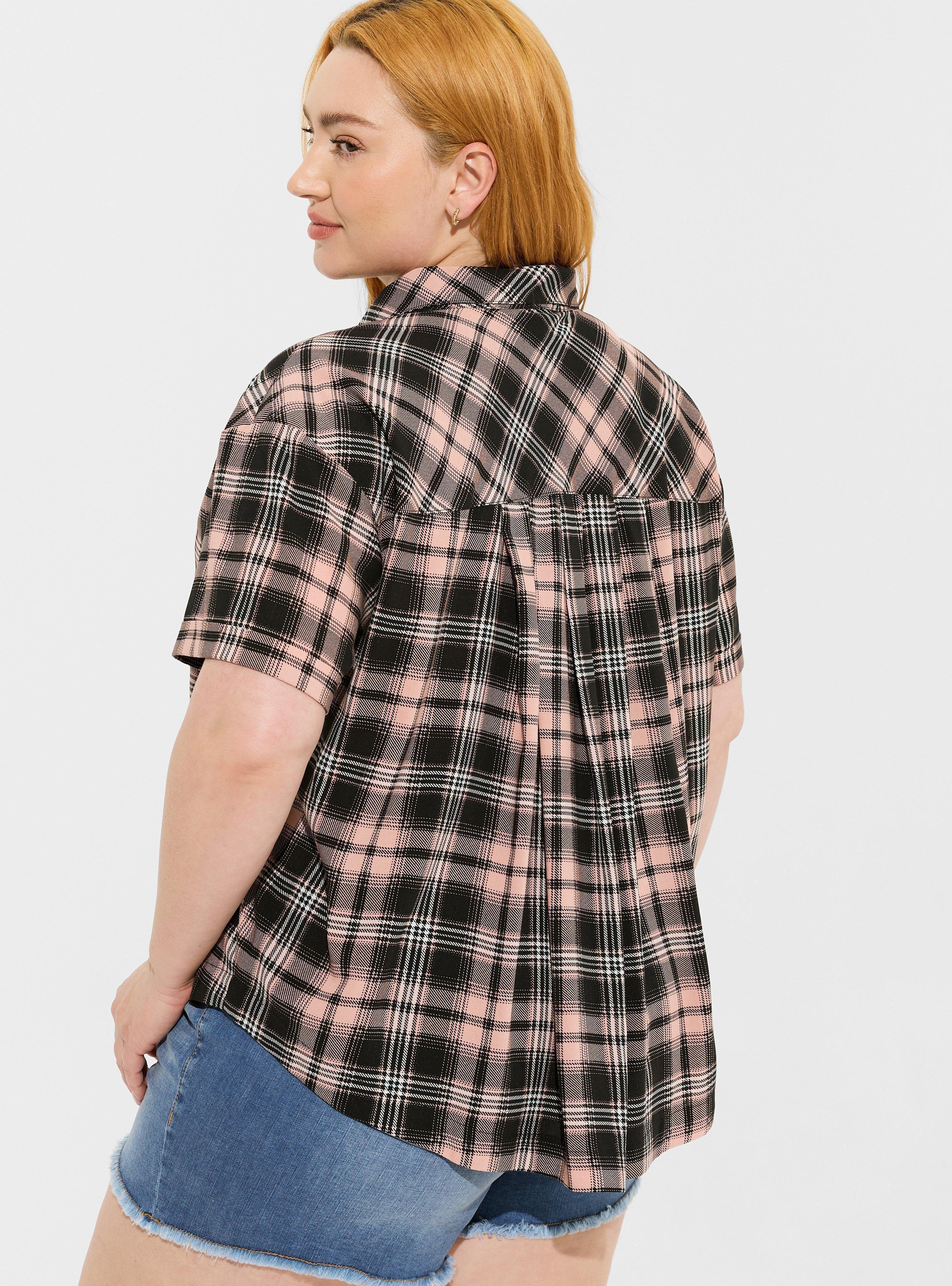 Challis Button Up Short Sleeve Shirt Top, MEI PLAID PINK, alternate