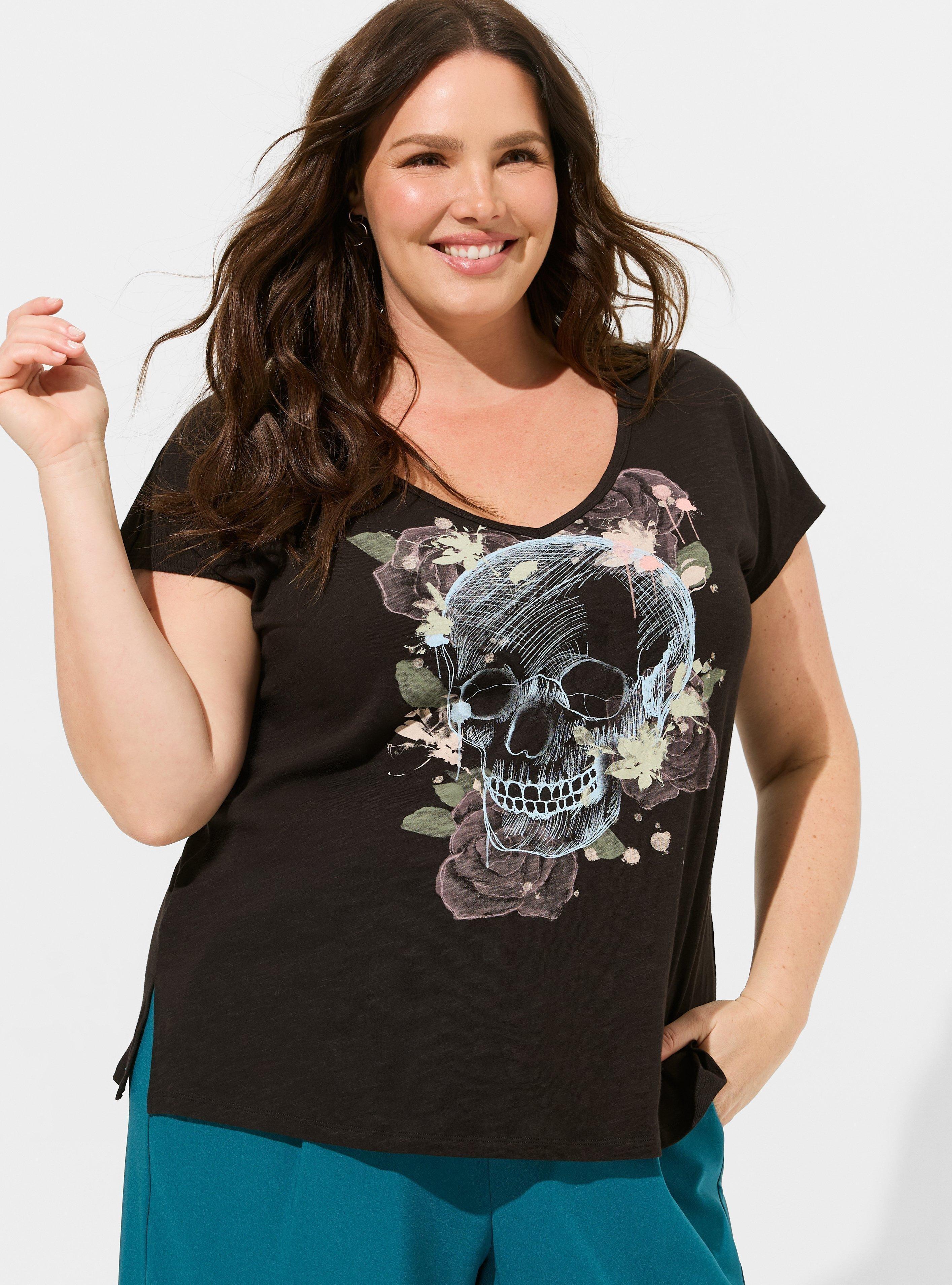 Skull Roses Relaxed Fit Cotton Modal V-Neck Dolman Top