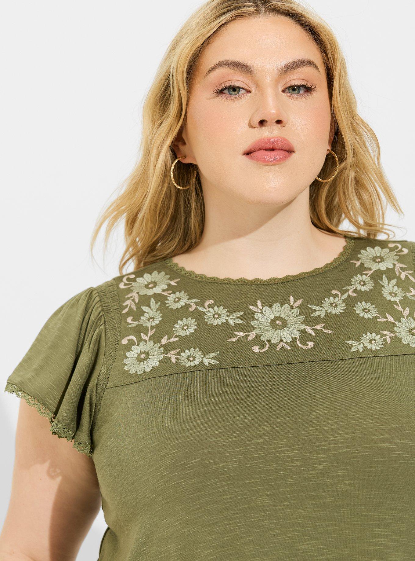 Vintage Slub Embroidered Flutter Sleeve Top, OLIVINE, alternate